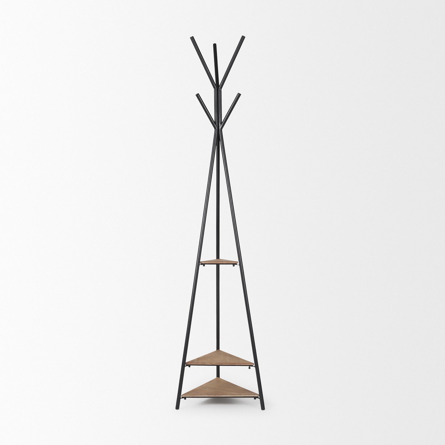 Everett Matte Black Metal w/ Two Wood Shelves Coat Rack