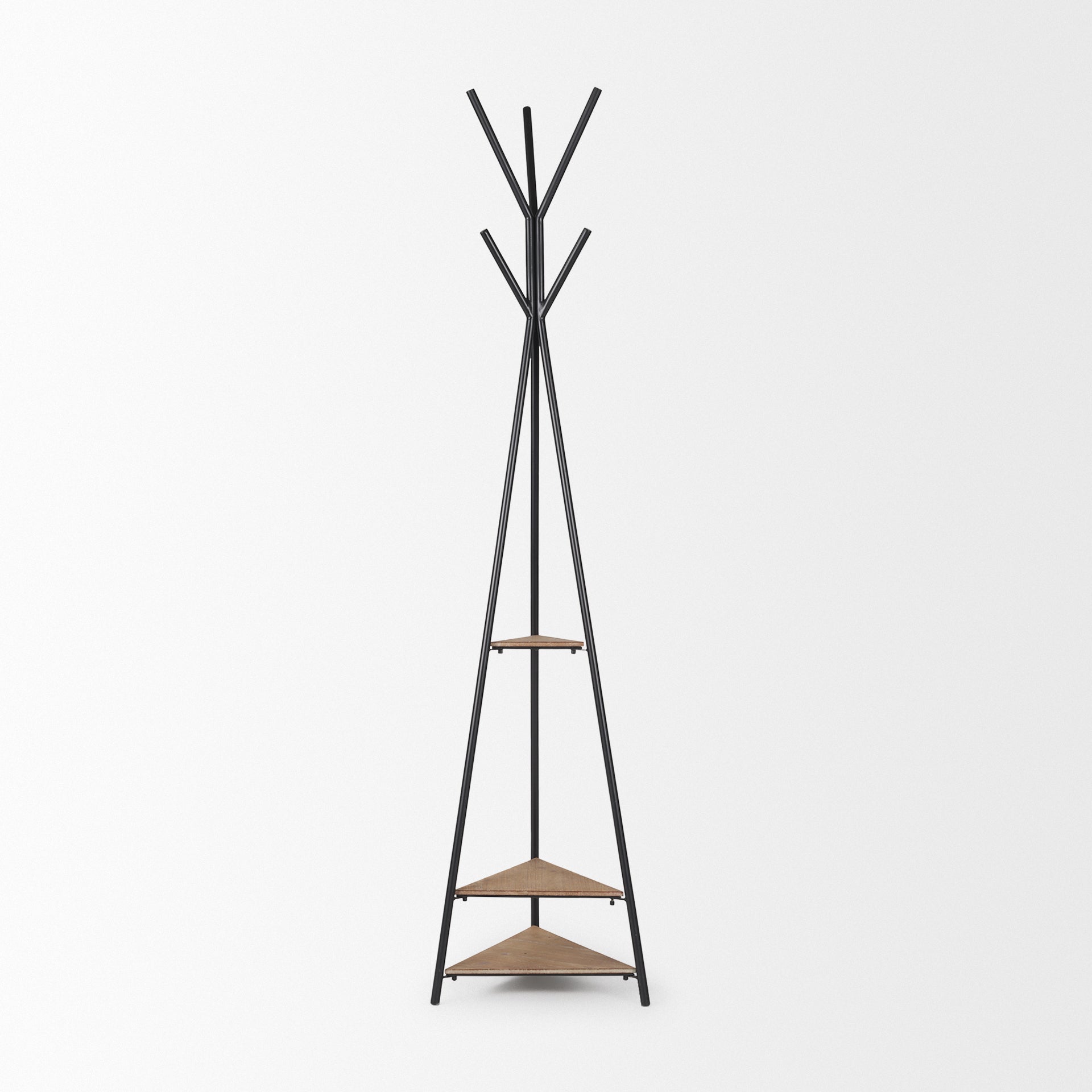 Everett Matte Black Metal w/ Two Wood Shelves Coat Rack