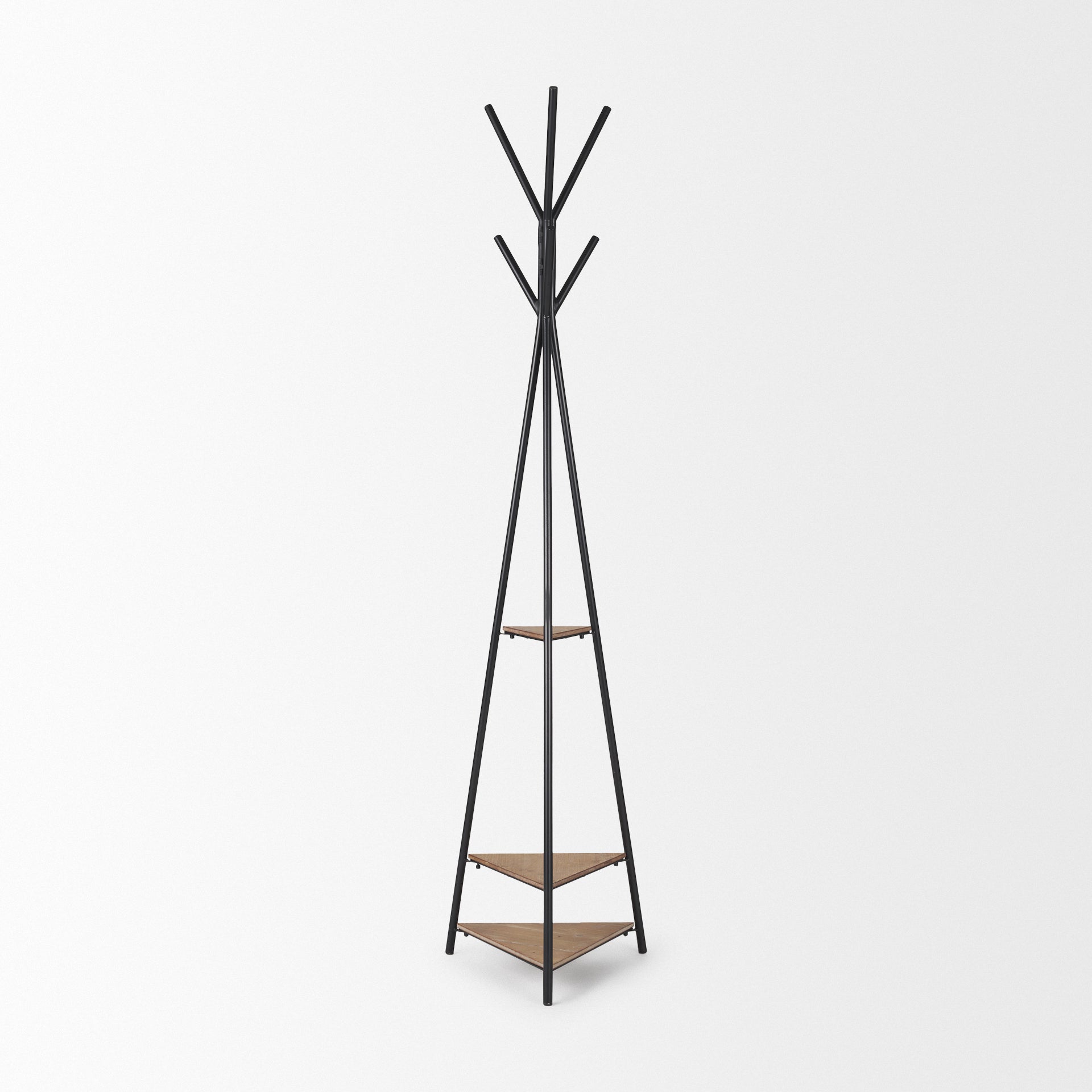 Everett Matte Black Metal w/ Two Wood Shelves Coat Rack