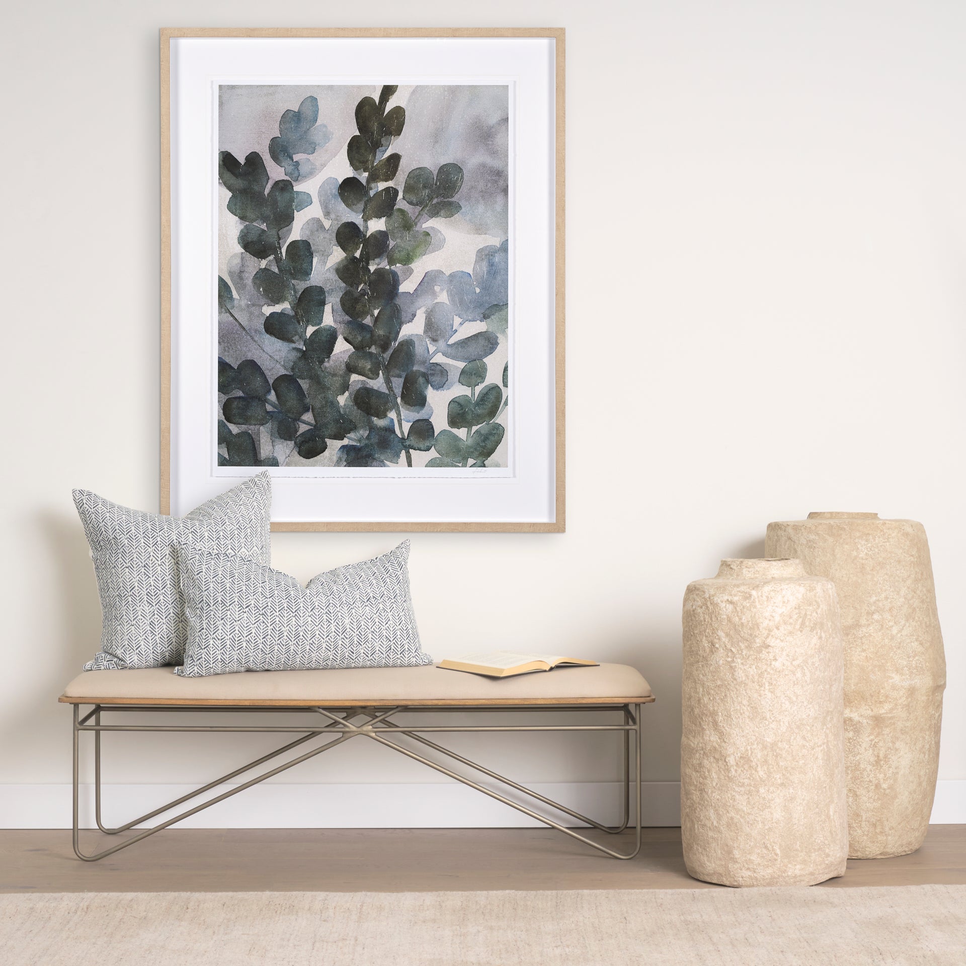 Janelle 14x26 Cream w/ Indigo Print Linen Lumbar Pillow Cover