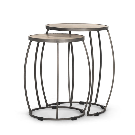 Clapp Round Light Brown W/ White Wash Wood and Silver Metal Nesting Accent Tables (Set of 2)
