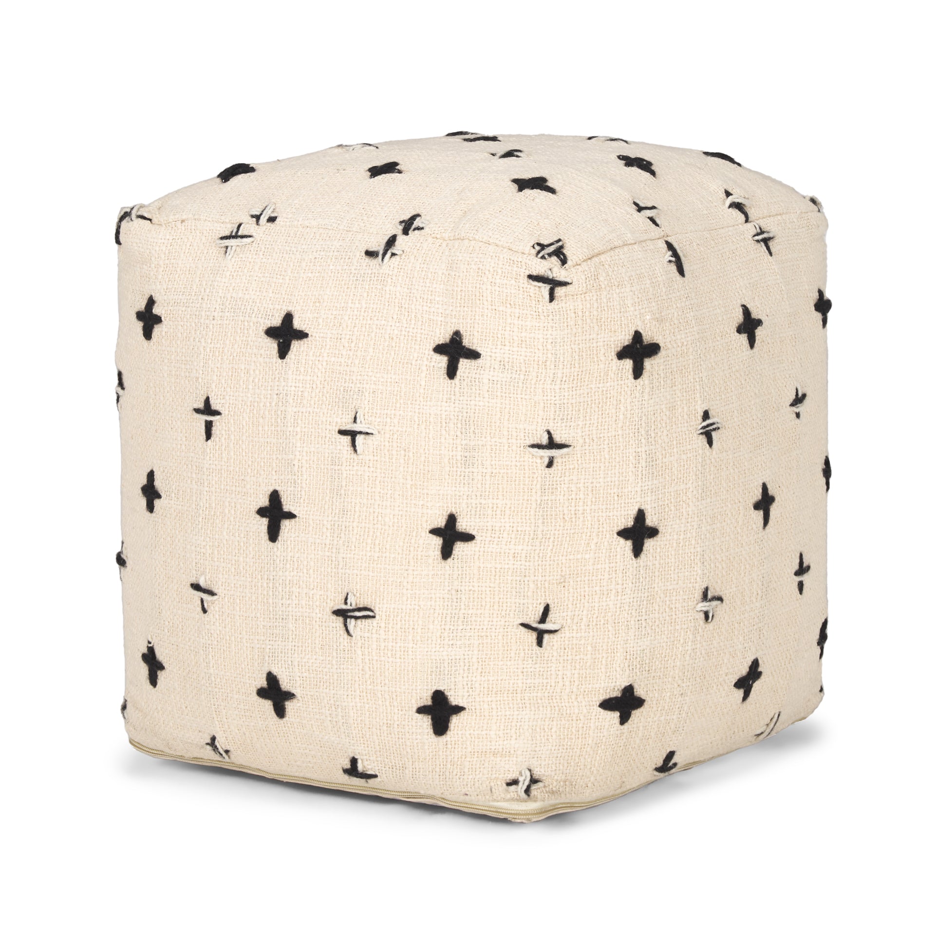 Saanvi Wool w/ Cream and Black Stitched Cross Patterned Pouf