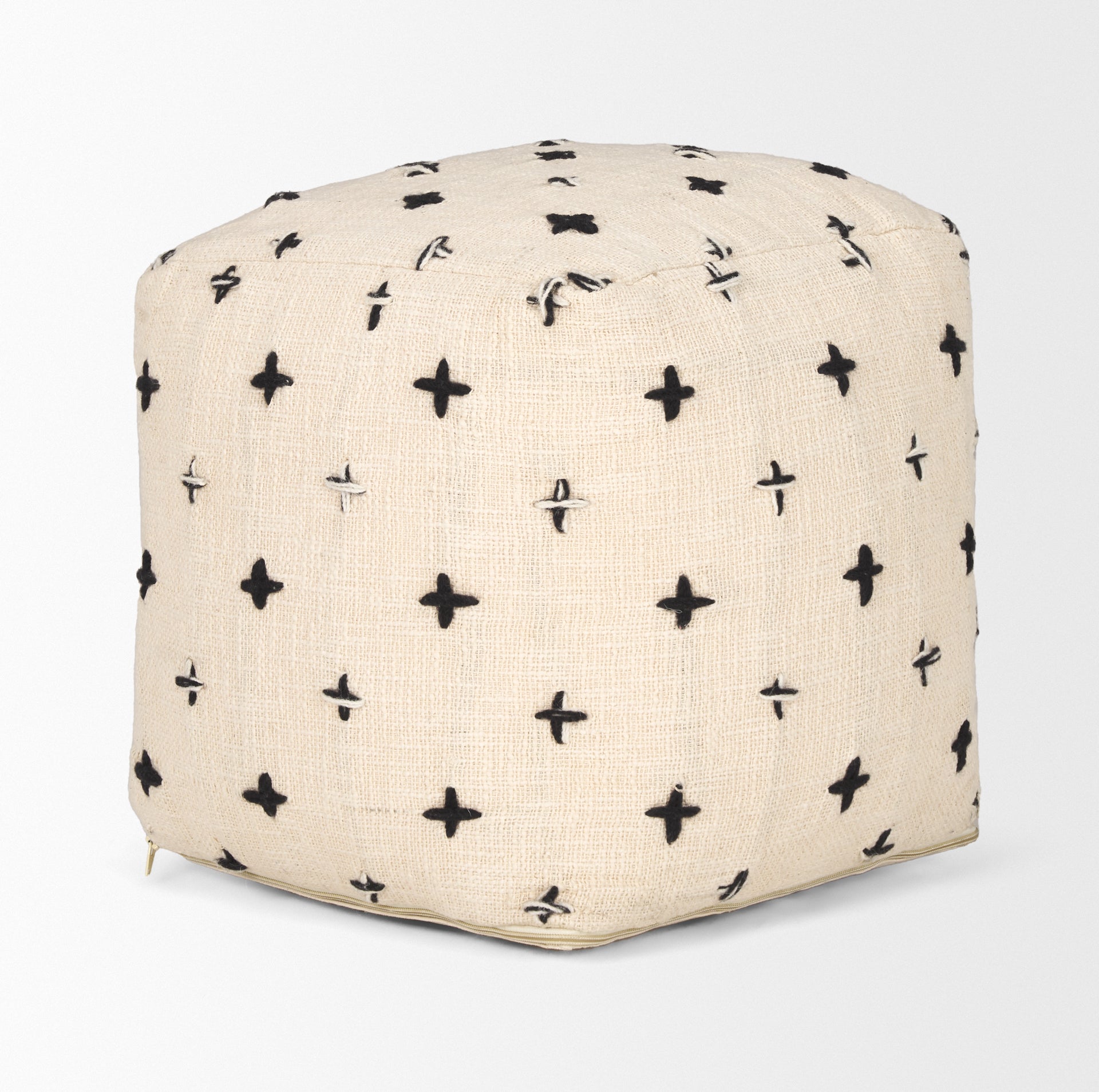 Saanvi Wool w/ Cream and Black Stitched Cross Patterned Pouf