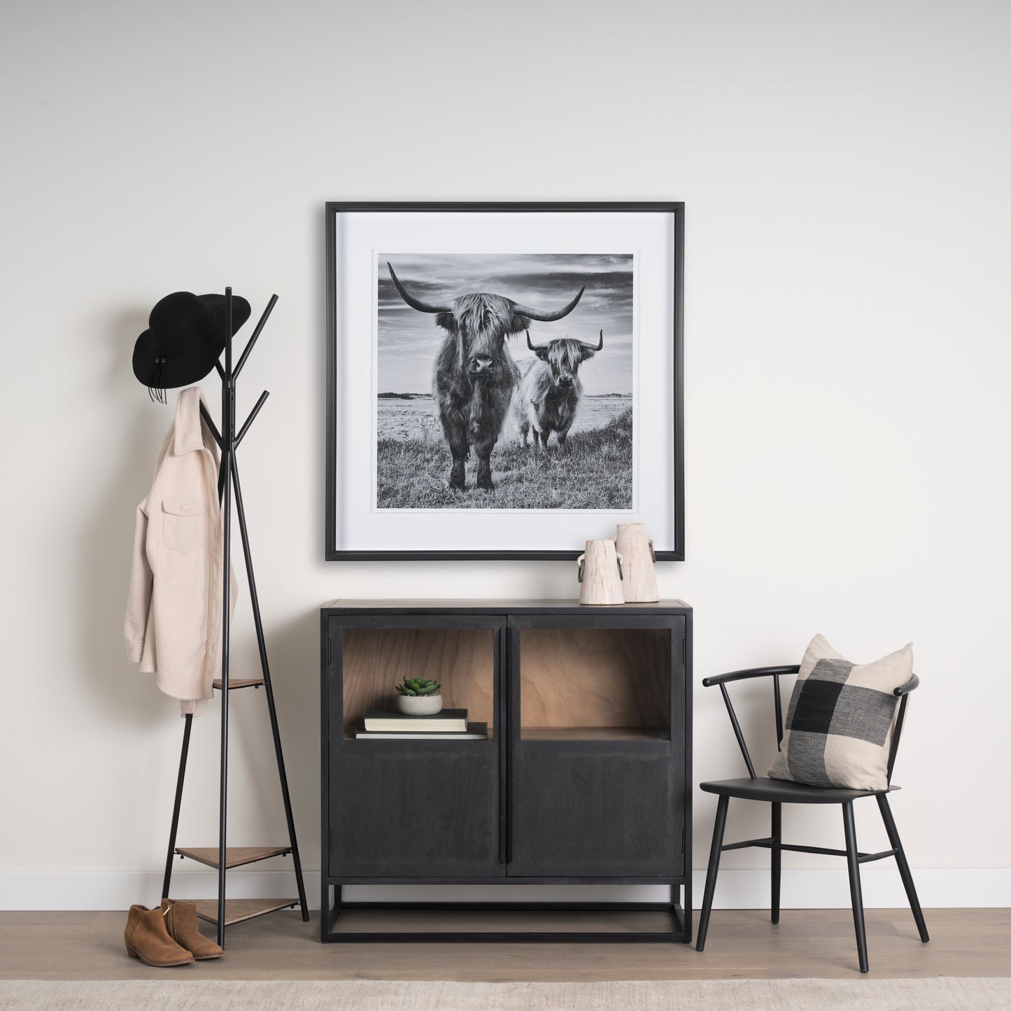 Everett Matte Black Metal w/ Two Wood Shelves Coat Rack