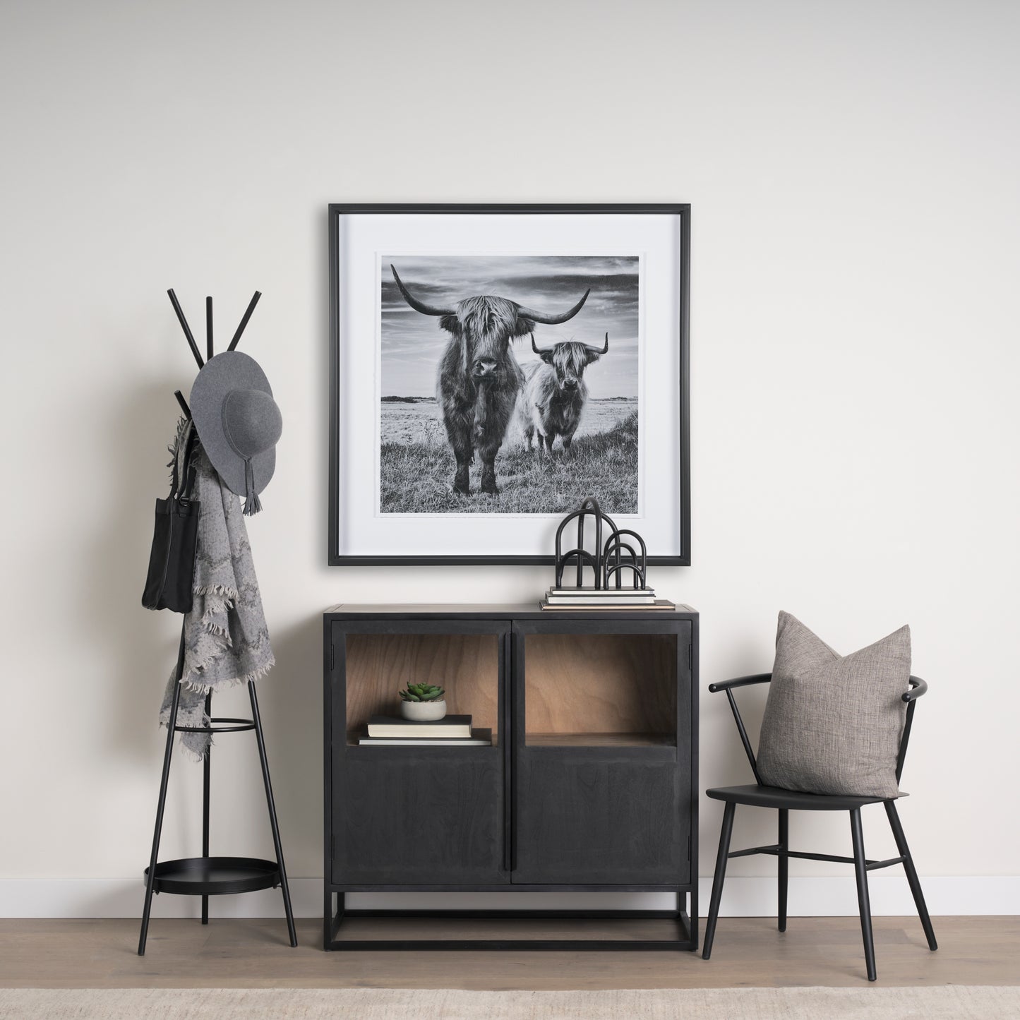 Everett Matte Black Metal w/ Two Metal Shelves Coat Rack