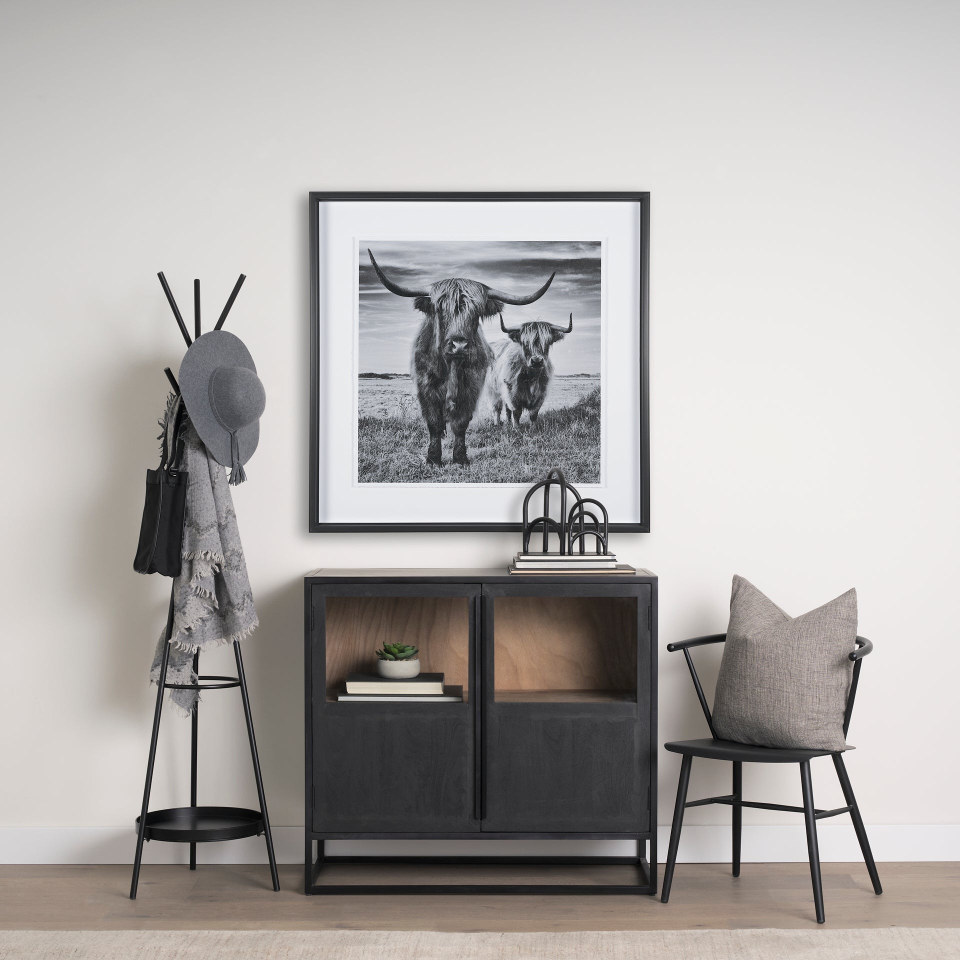 Everett Matte Black Metal w/ Two Metal Shelves Coat Rack