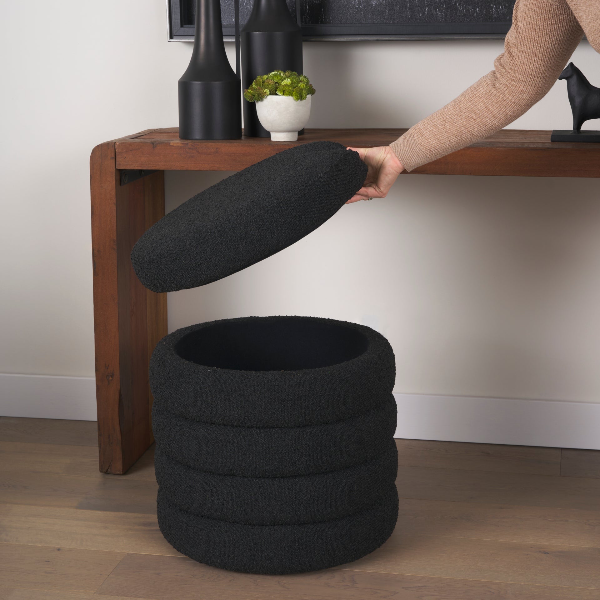 Elise Black Boucle Upholstered Storage Ottoman
