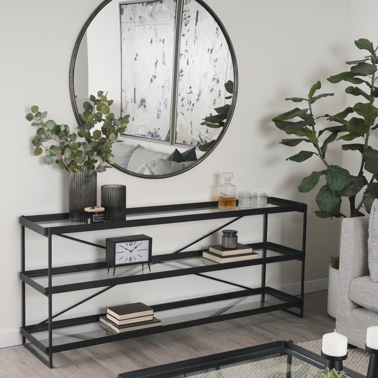 Trey 72.0"L x 16.0"W x 30.0"H Black Metal W/Glass Console Table