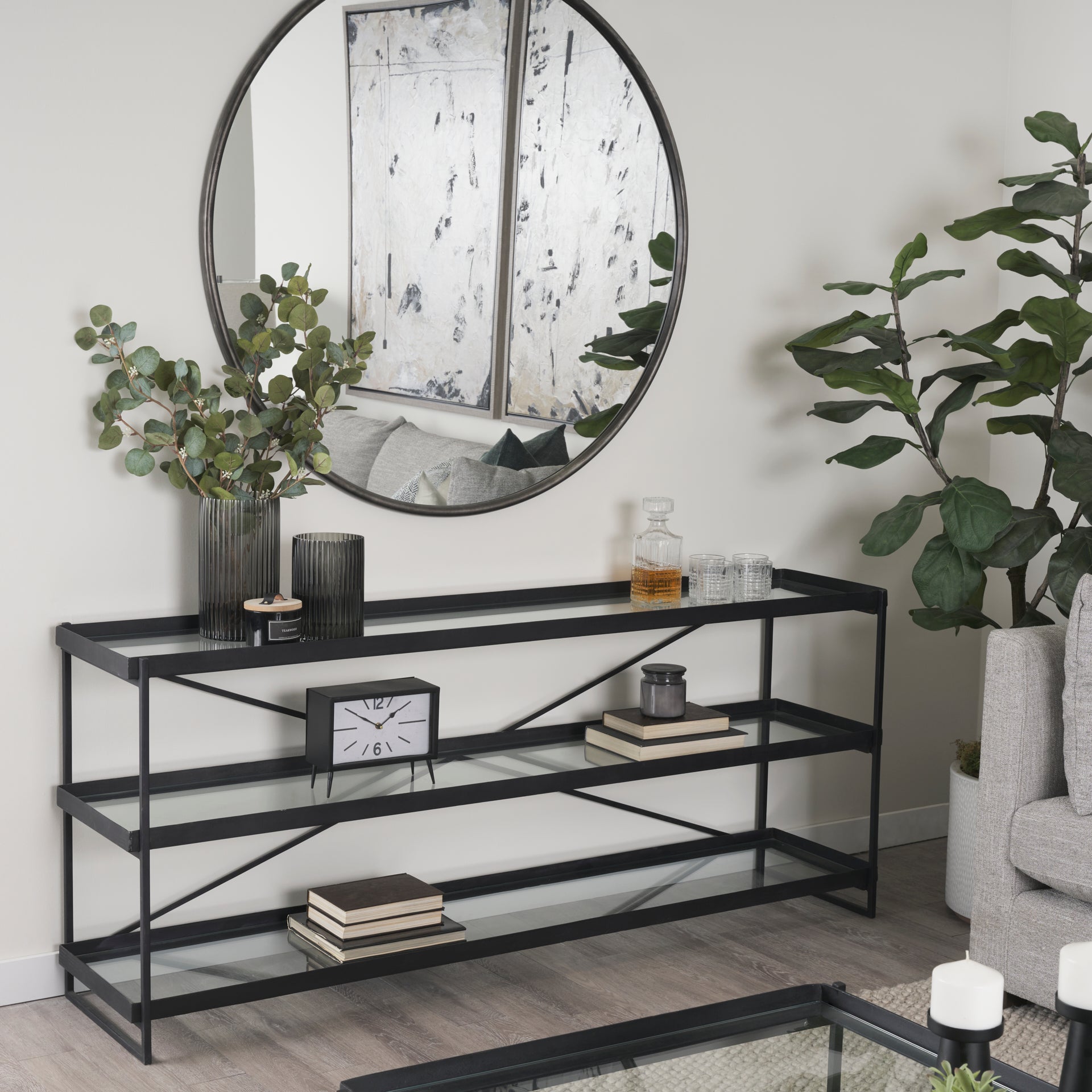 Trey 72.0"L x 16.0"W x 30.0"H Black Metal W/Glass Console Table
