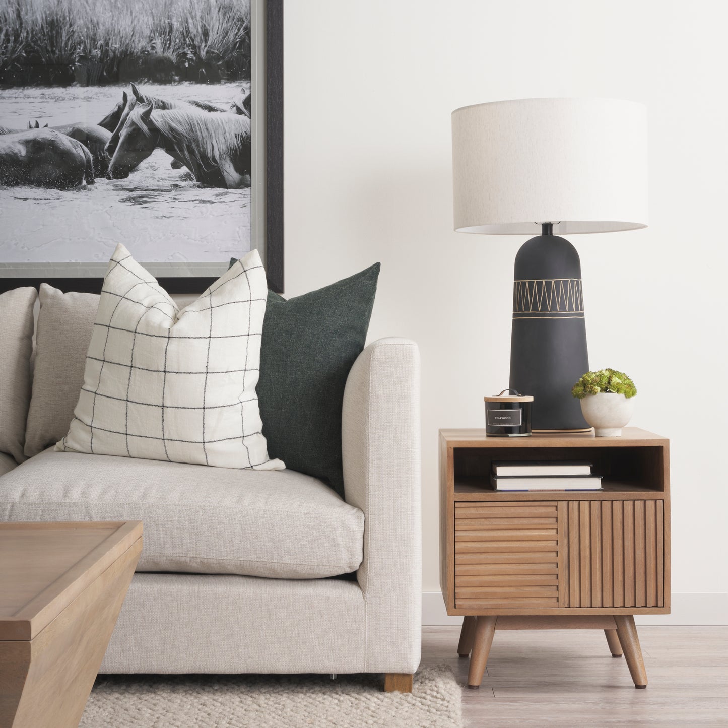 Javier 18.0L x 18.0W x 30.75H Black Base W/Cream Fabric Shade Table Lamp