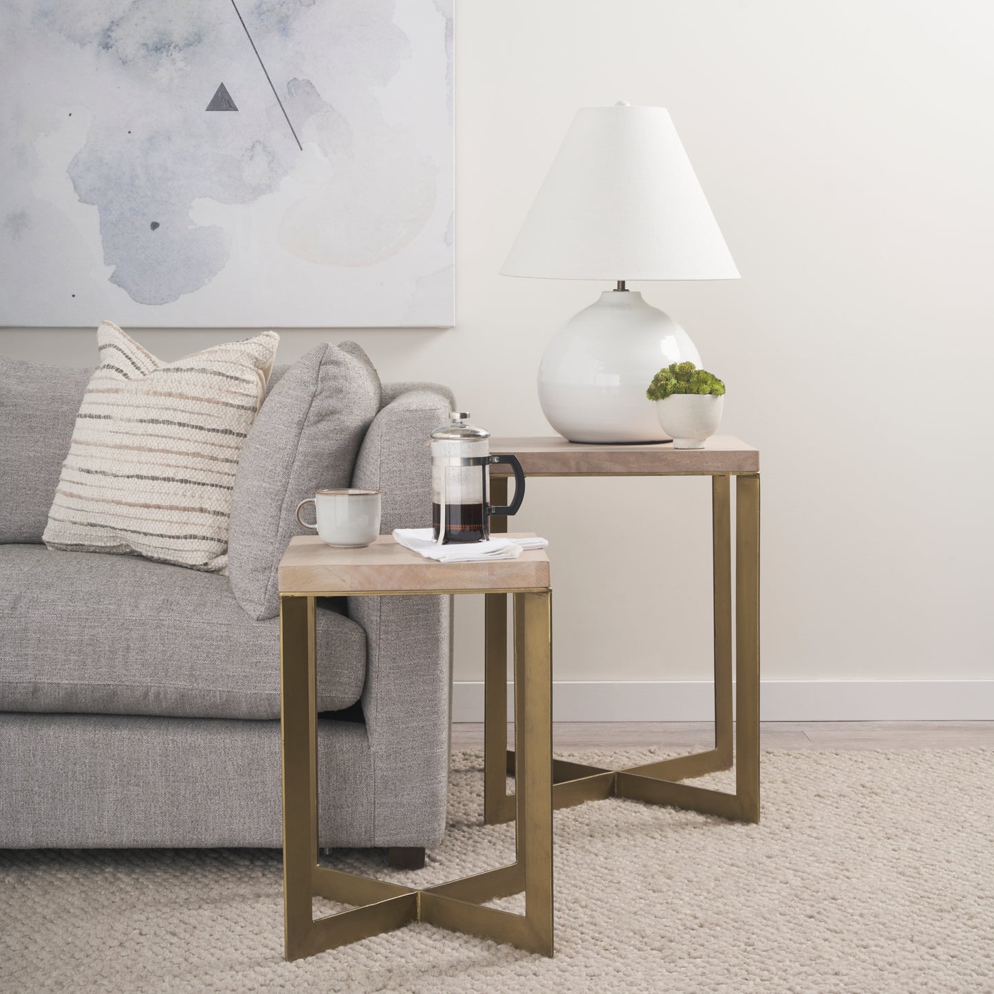 Faye (Set of 2) 19L x 19W x 26H Beige Finished Wood W/ Gold Metal Base Accent Tables