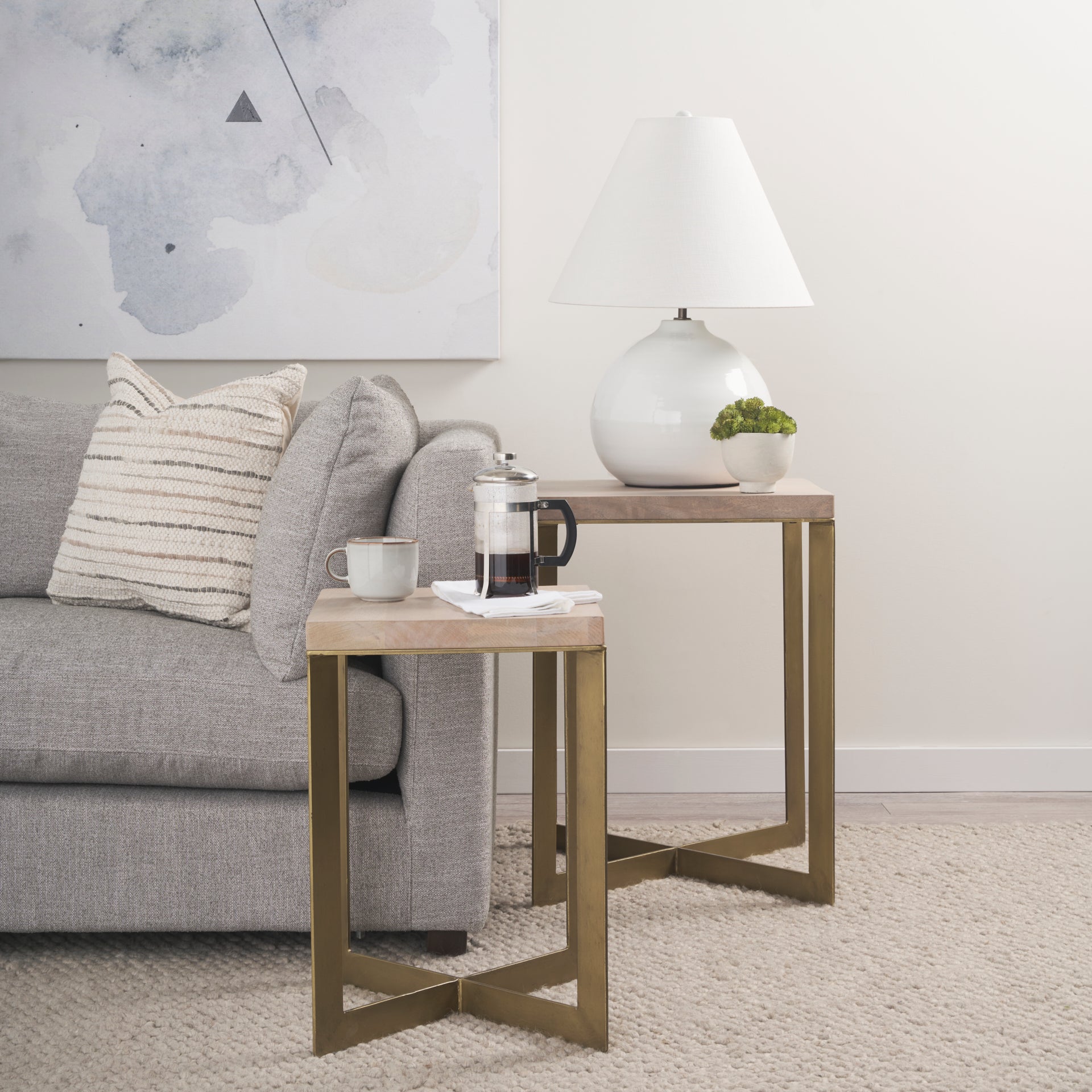 Faye (Set of 2) 19L x 19W x 26H Beige Finished Wood W/ Gold Metal Base Accent Tables