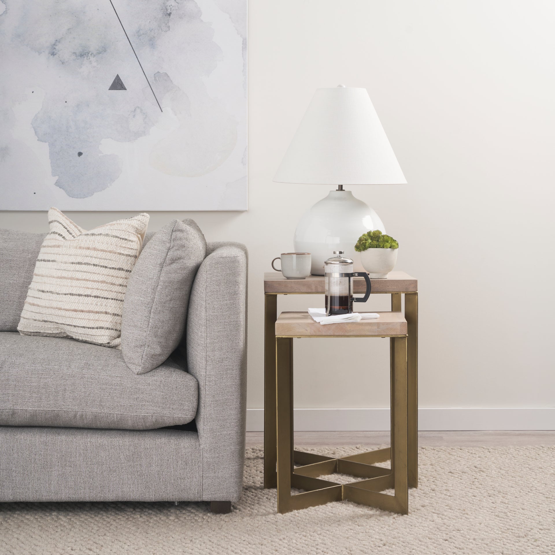 Faye (Set of 2) 19L x 19W x 26H Beige Finished Wood W/ Gold Metal Base Accent Tables