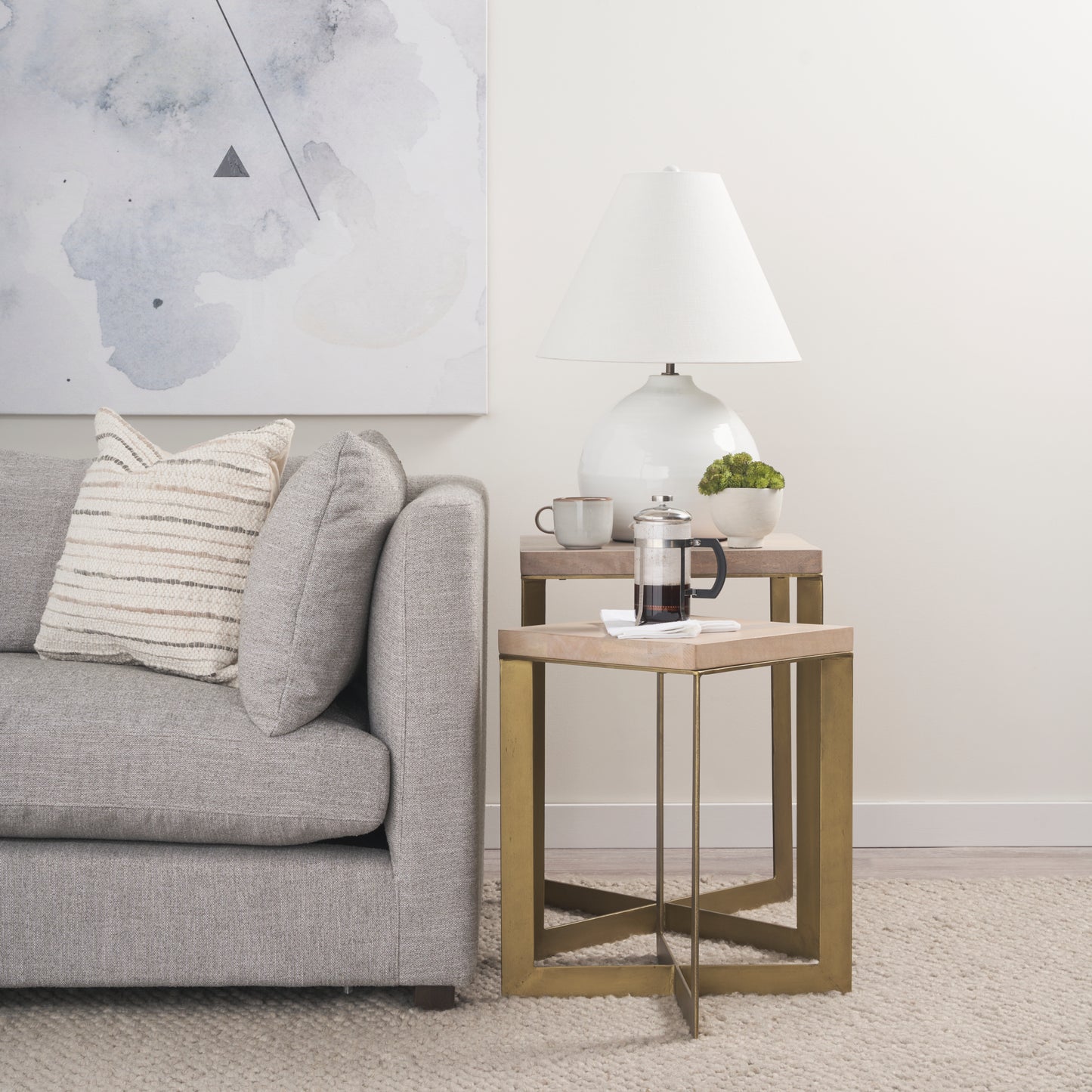 Faye (Set of 2) 19L x 19W x 26H Beige Finished Wood W/ Gold Metal Base Accent Tables