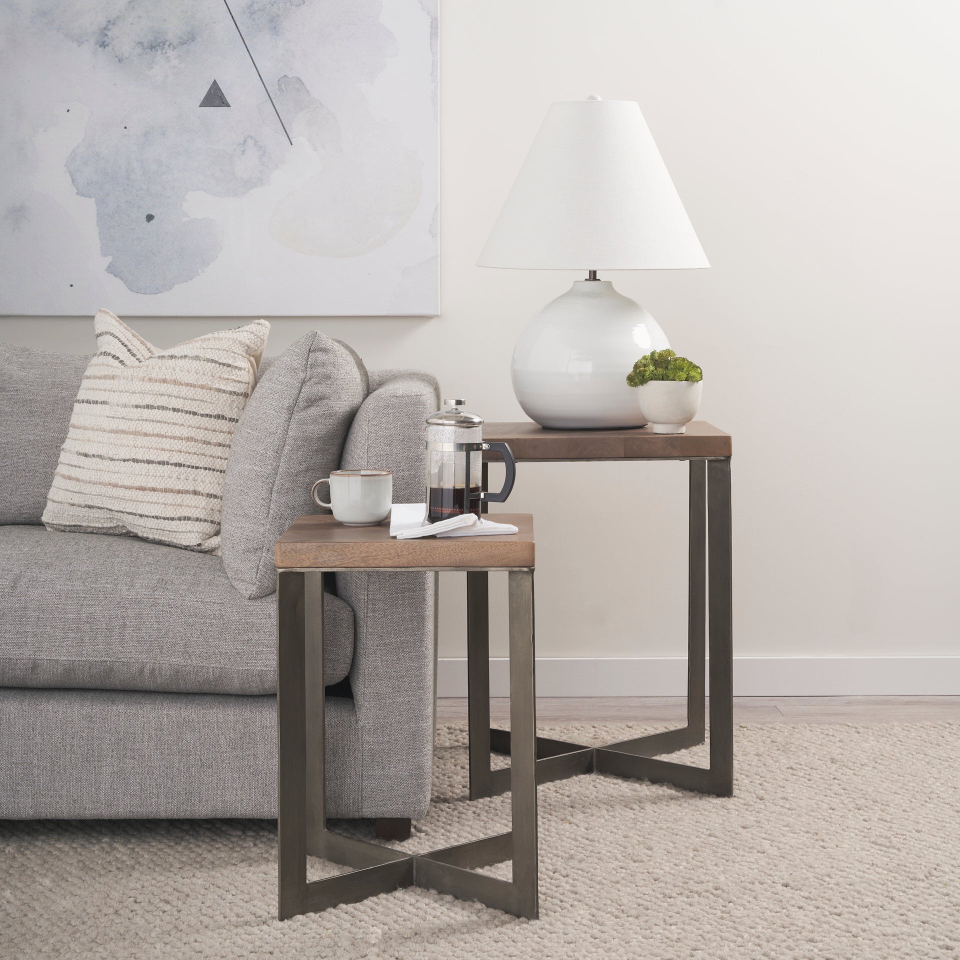 Faye (Set of 2) End Side Table Medium Brown Wood | Gray Metal | Set of 2 - end-and-side-tables