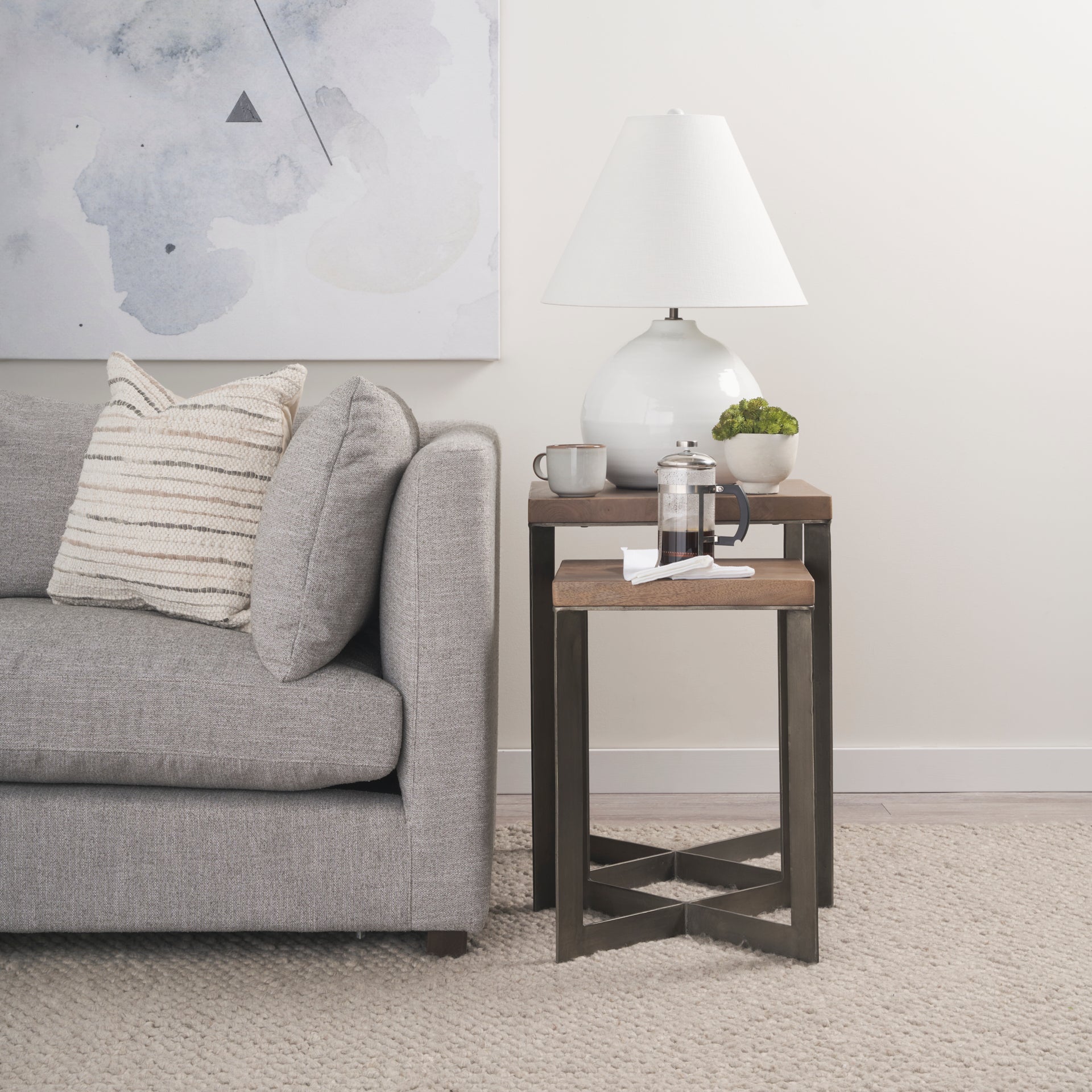 Faye (Set of 2) End Side Table Medium Brown Wood | Gray Metal | Set of 2 - end-and-side-tables