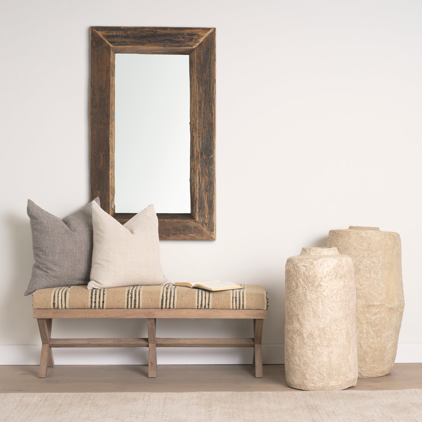 Solis 50L x 16W Brown Base Upholstered Beige/Black Stripe Seat Accent Bench