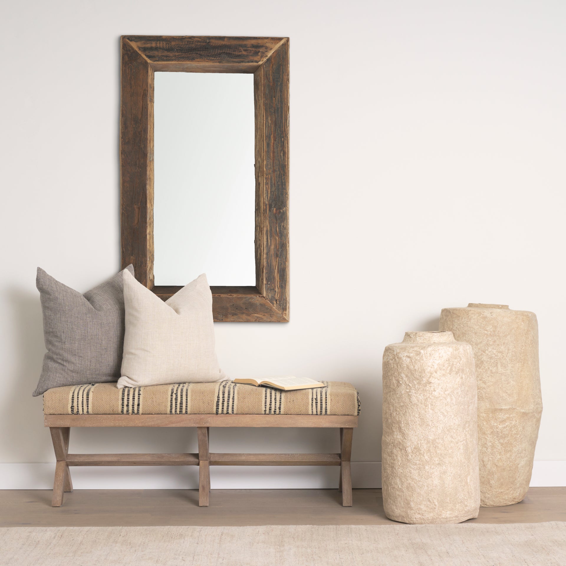 Solis 50L x 16W Brown Base Upholstered Beige/Black Stripe Seat Accent Bench