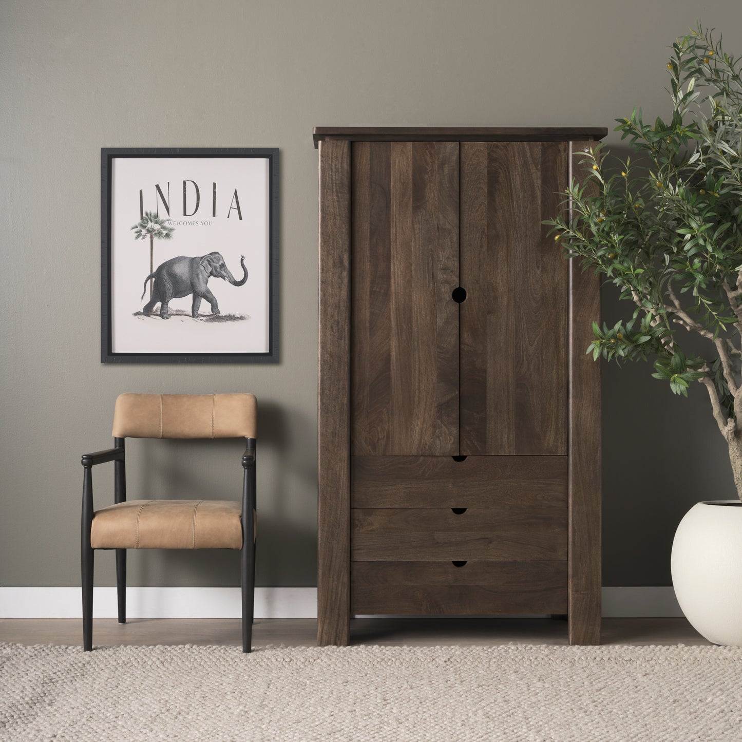 Wallen Solid Dark Brown Wood Curio Cabinet