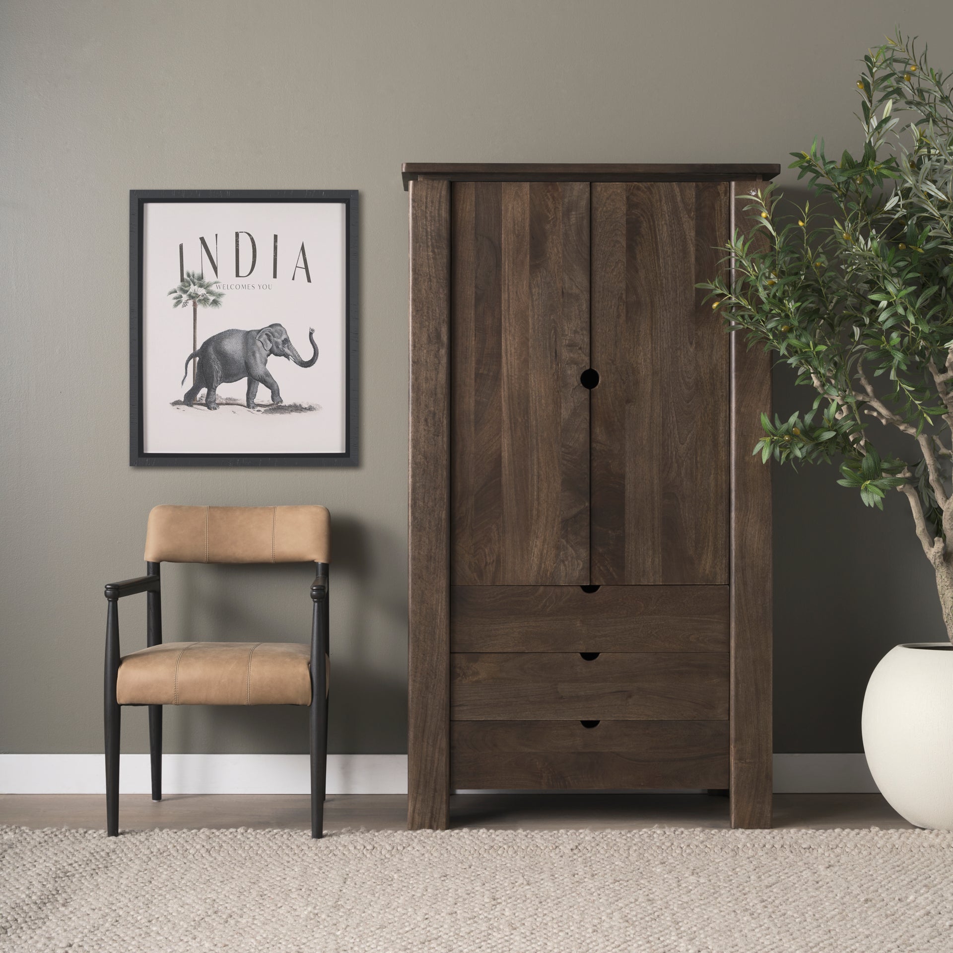 Wallen Solid Dark Brown Wood Curio Cabinet