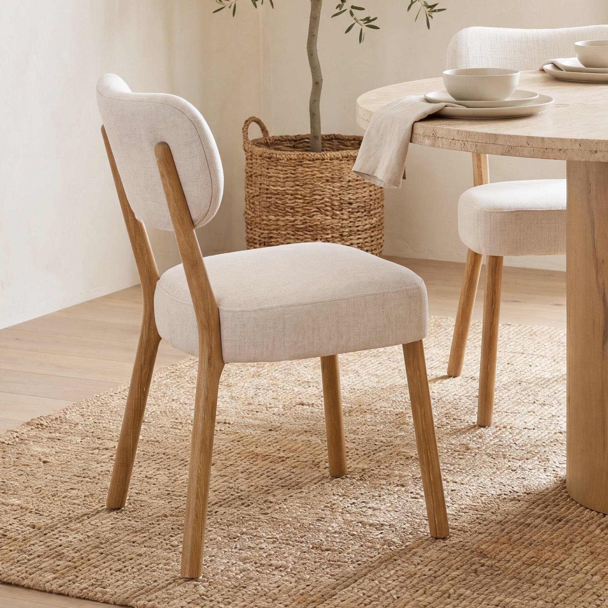 Owen Dining Chair W/ Medium Brown Wood and Beige Fabric