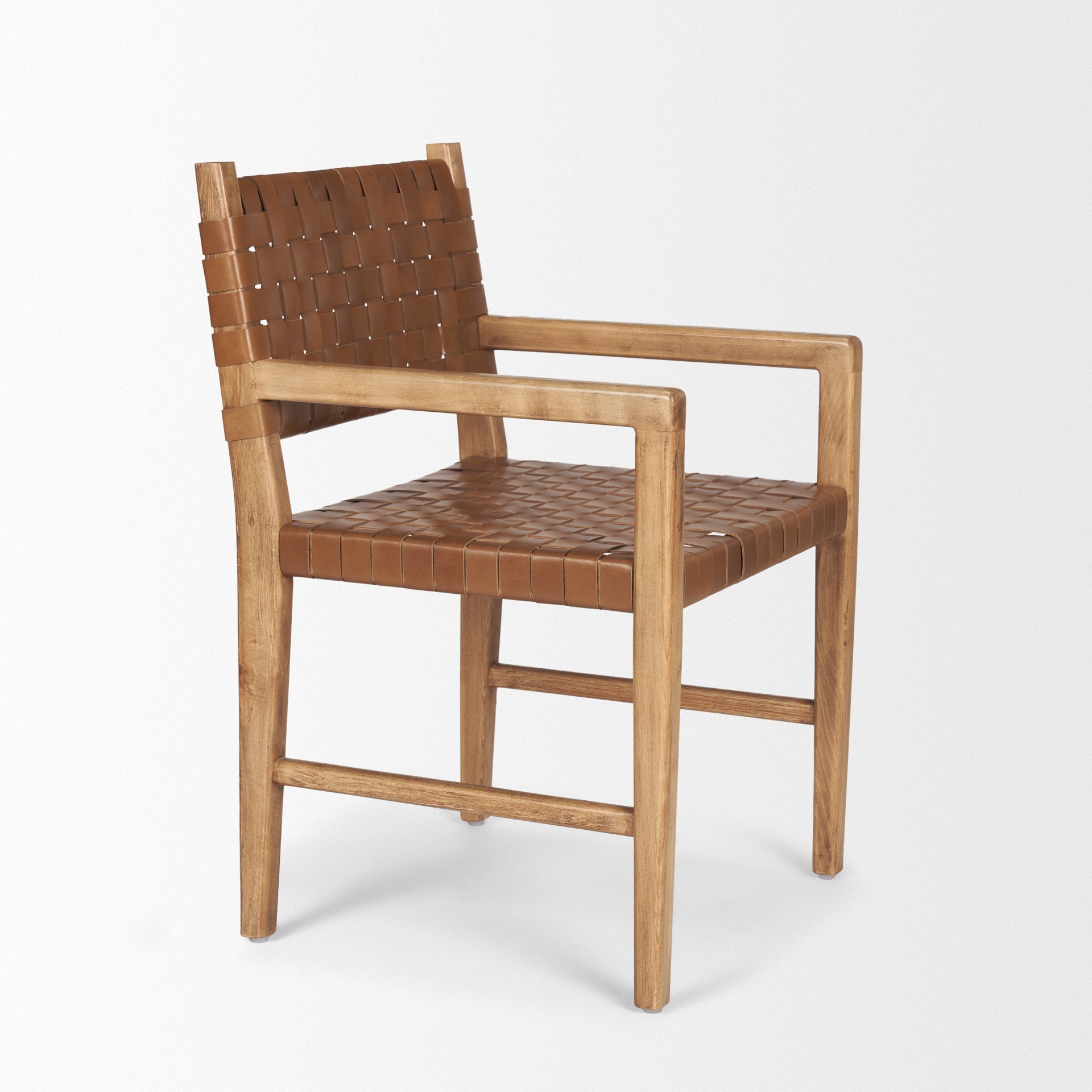Shane Brown Wood w/ Woven Brown Leather Dining Armchair