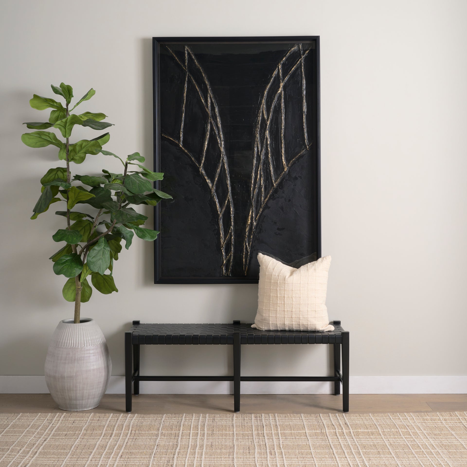 Shane Black Wood w/ Woven Black Leather Bench