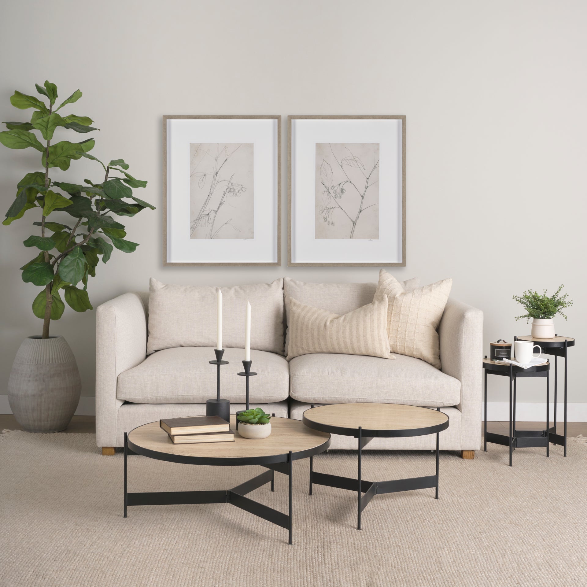 Wade Travertine Marble w/ Matte Black Metal End Tables