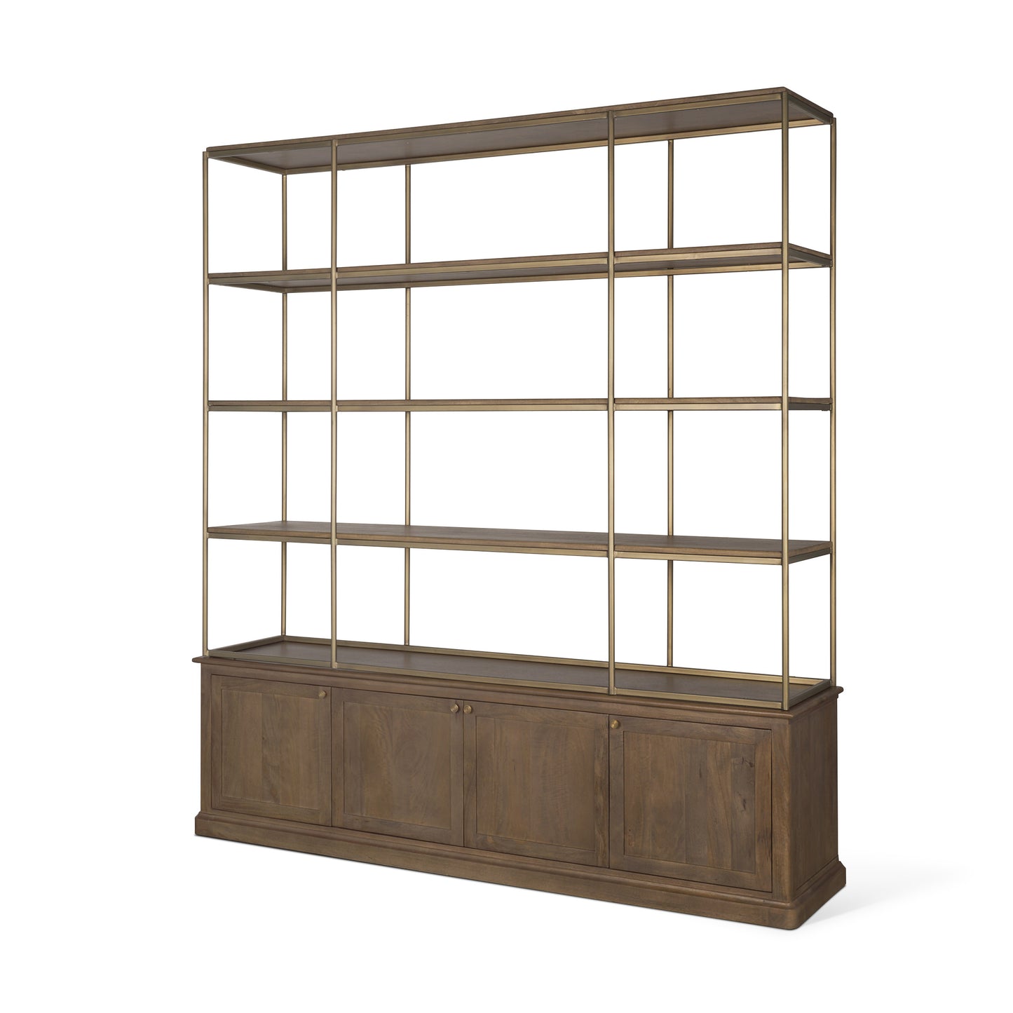 Baron 4-Door Dark Brown Wood w/ Antique Brass Metal Open Shelving Unit