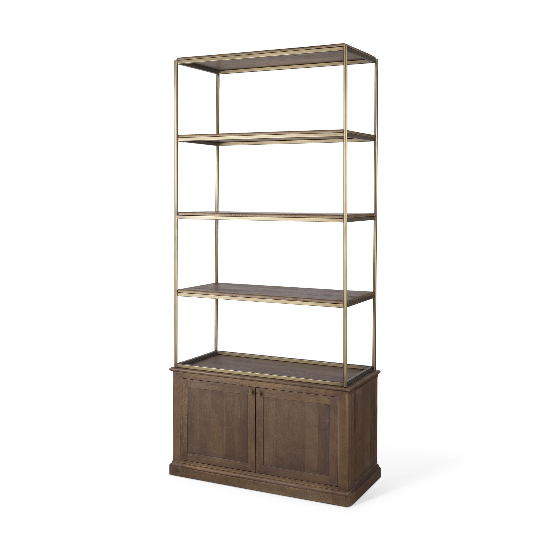 Baron Dark Brown Wood w/ Antiqued Aged Brass Metal 2-Door Open Shelving Unit