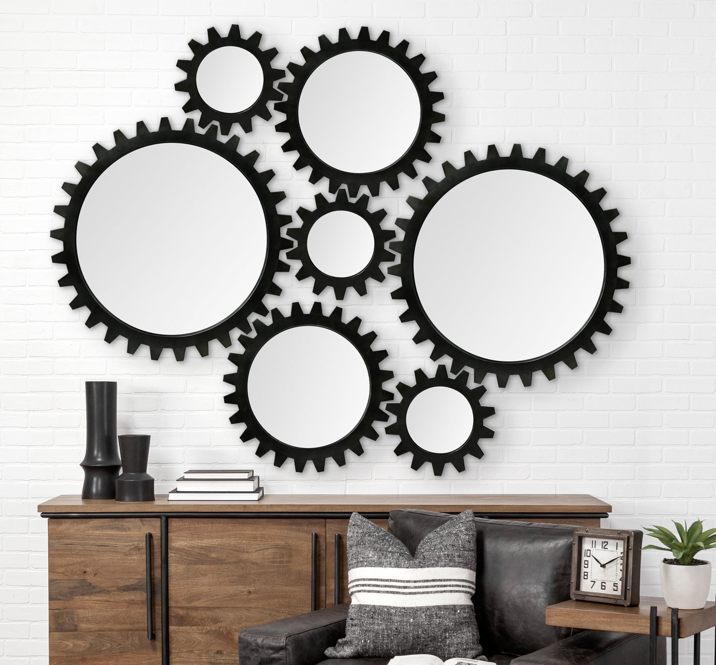 Alloy Cog 37" Round Black Metal Frame Mirror