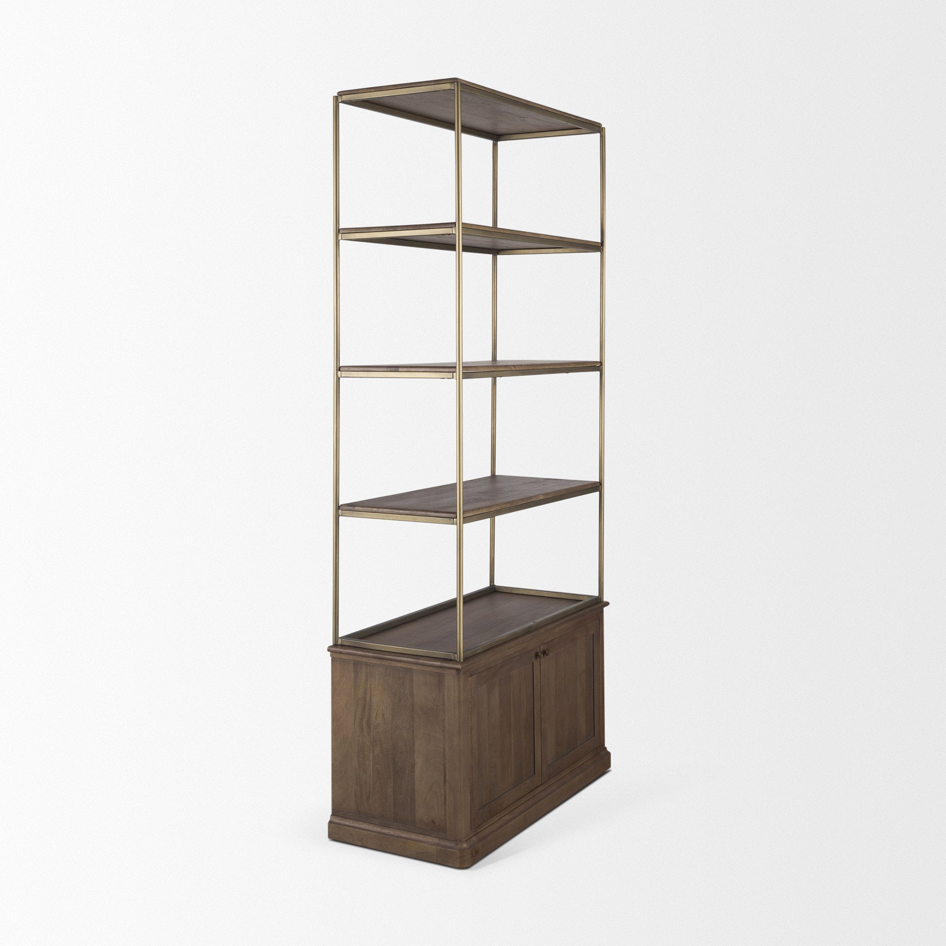 Baron Dark Brown Wood w/ Antiqued Aged Brass Metal 2-Door Open Shelving Unit