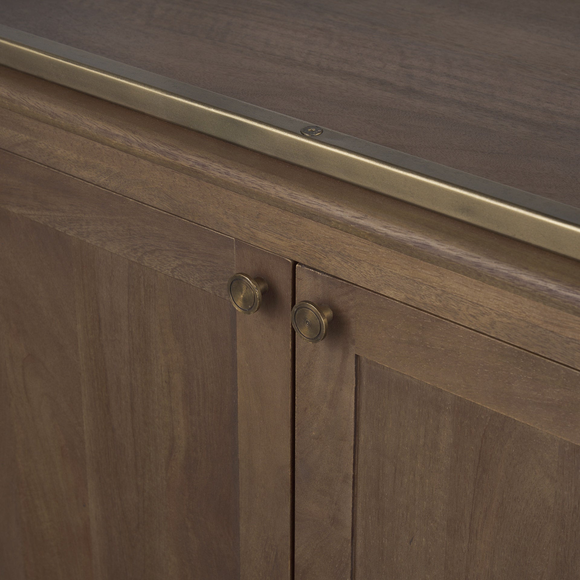 Baron Dark Brown Wood w/ Antiqued Aged Brass Metal 2-Door Open Shelving Unit