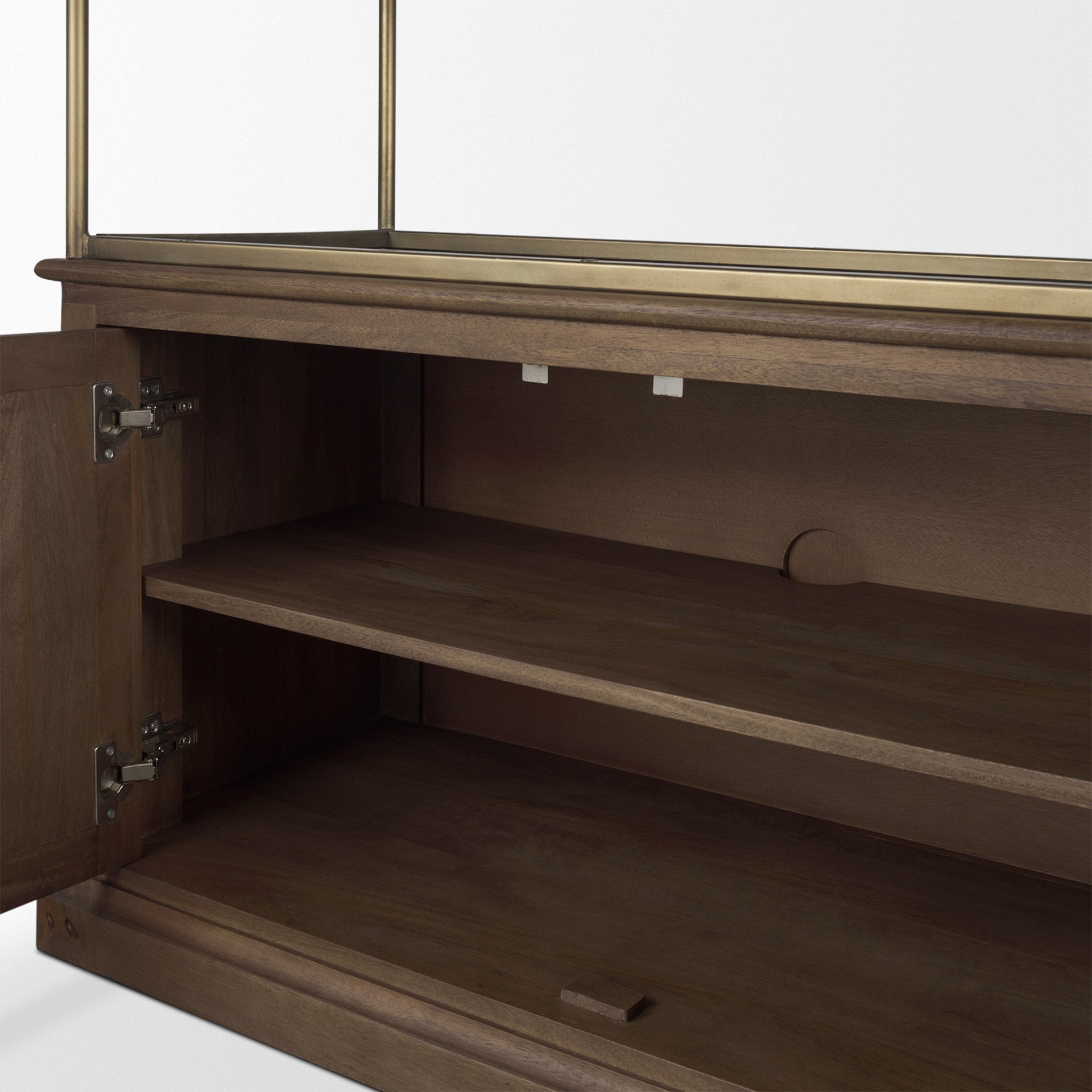 Baron Dark Brown Wood w/ Antiqued Aged Brass Metal 2-Door Open Shelving Unit