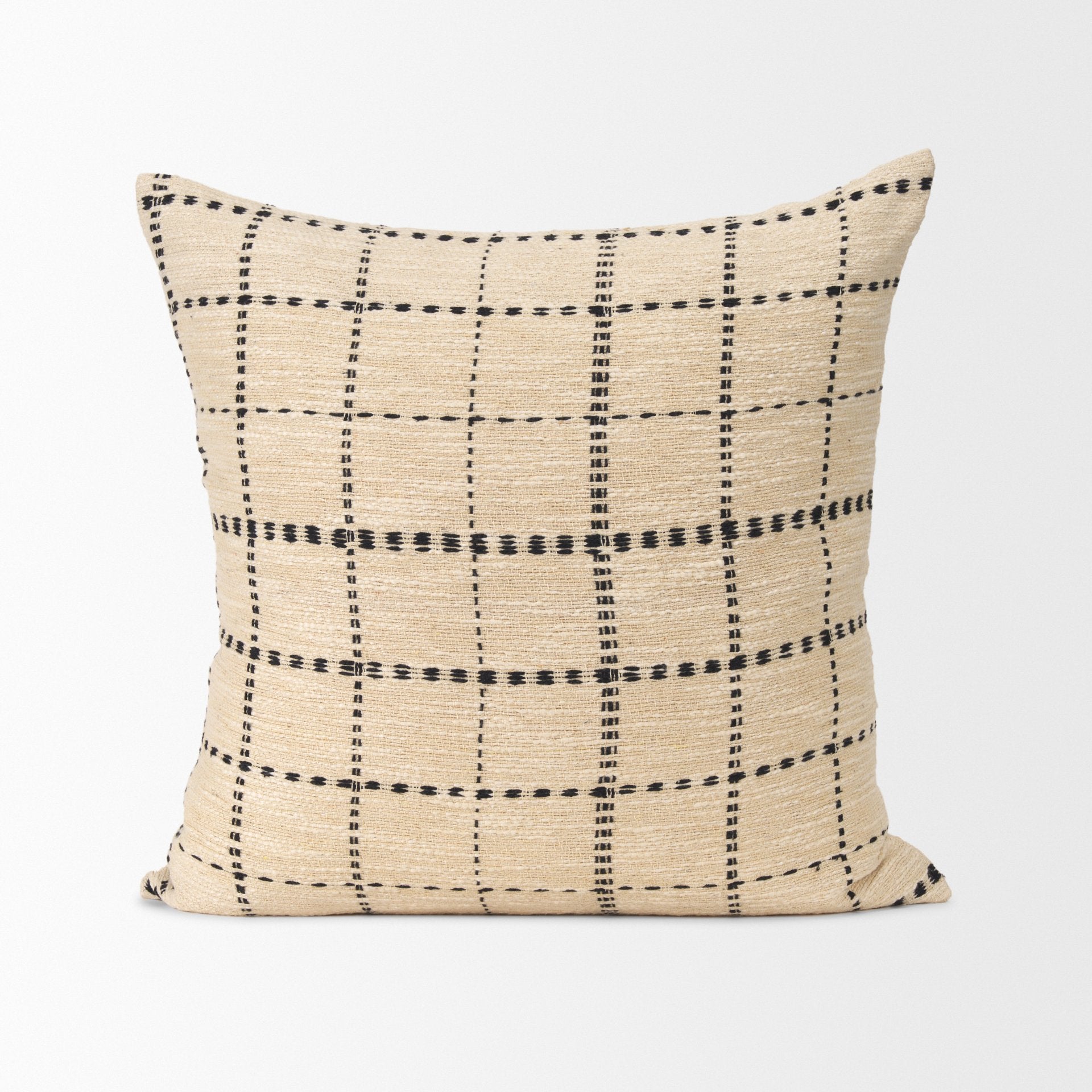 Jaela 22x22 Beige/Black Striped Checkered Square Throw Pillow Cover