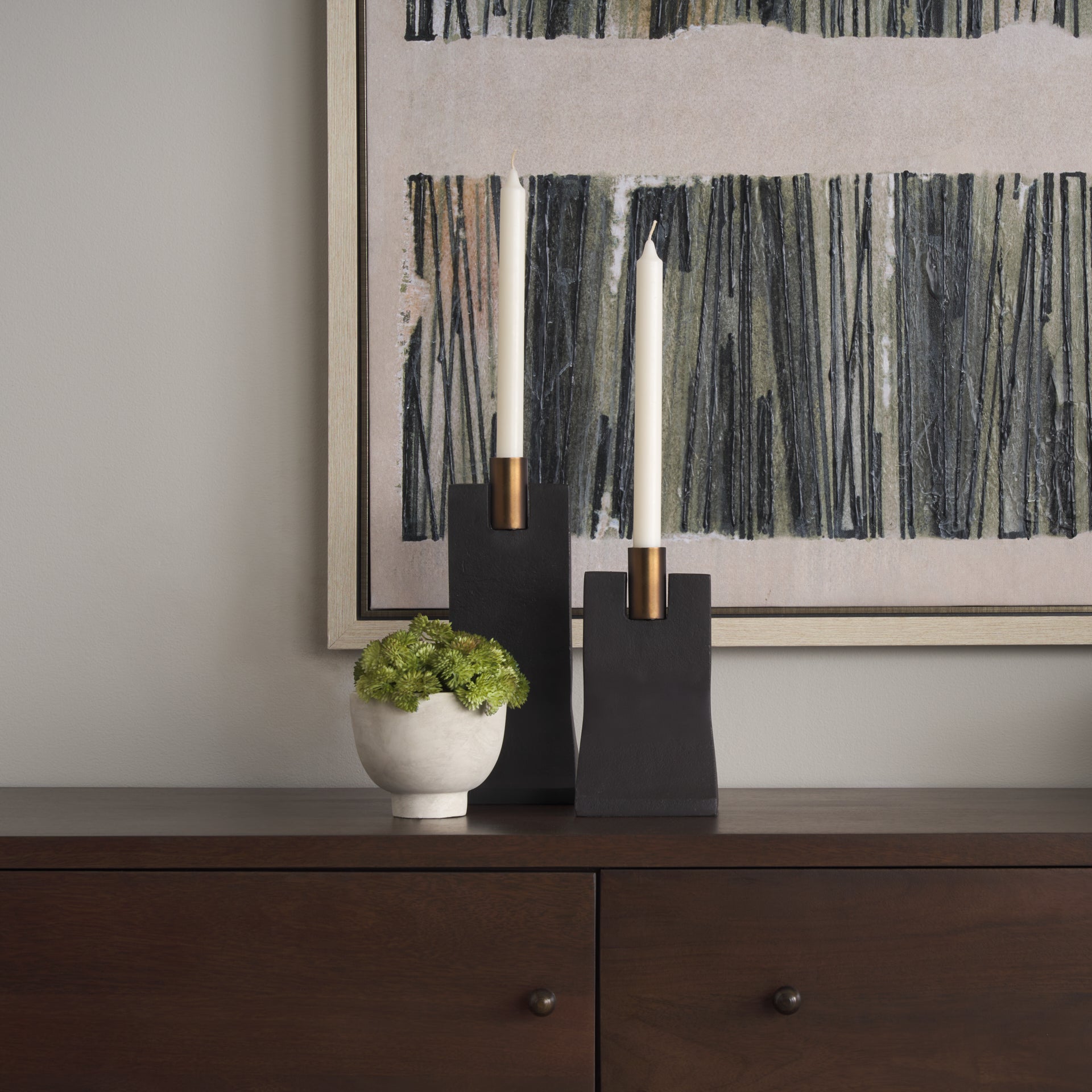 Polli Matte Black w/ Brushed Gold Metal Taper Candleholders (Set of 2)