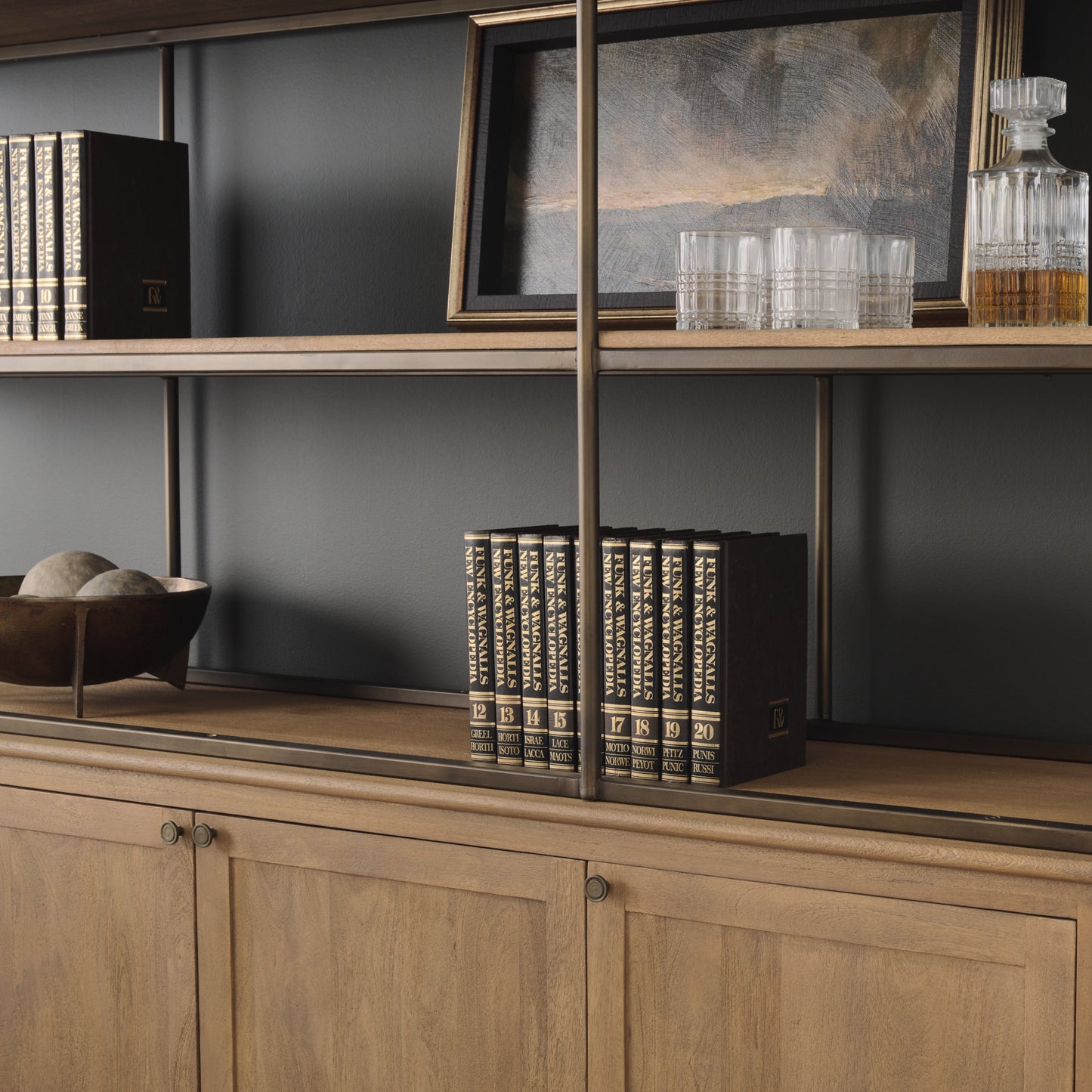 Baron 4-Door Light Brown Wood w/ Gunmetal Open Shelving Unit