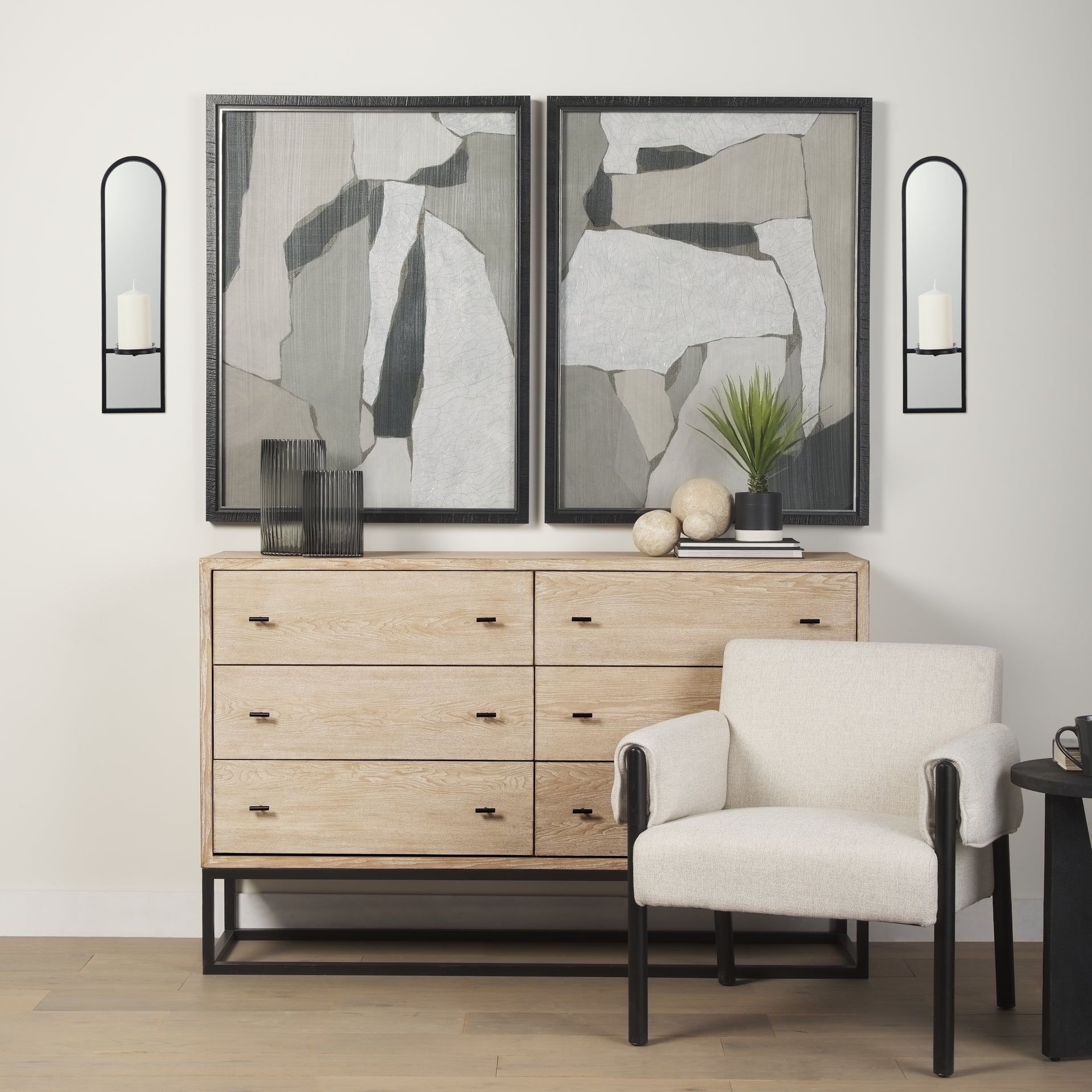 Evianna 7L x 7W x 25H Mirrored W/Black Metal Frame Wall Candle Holder