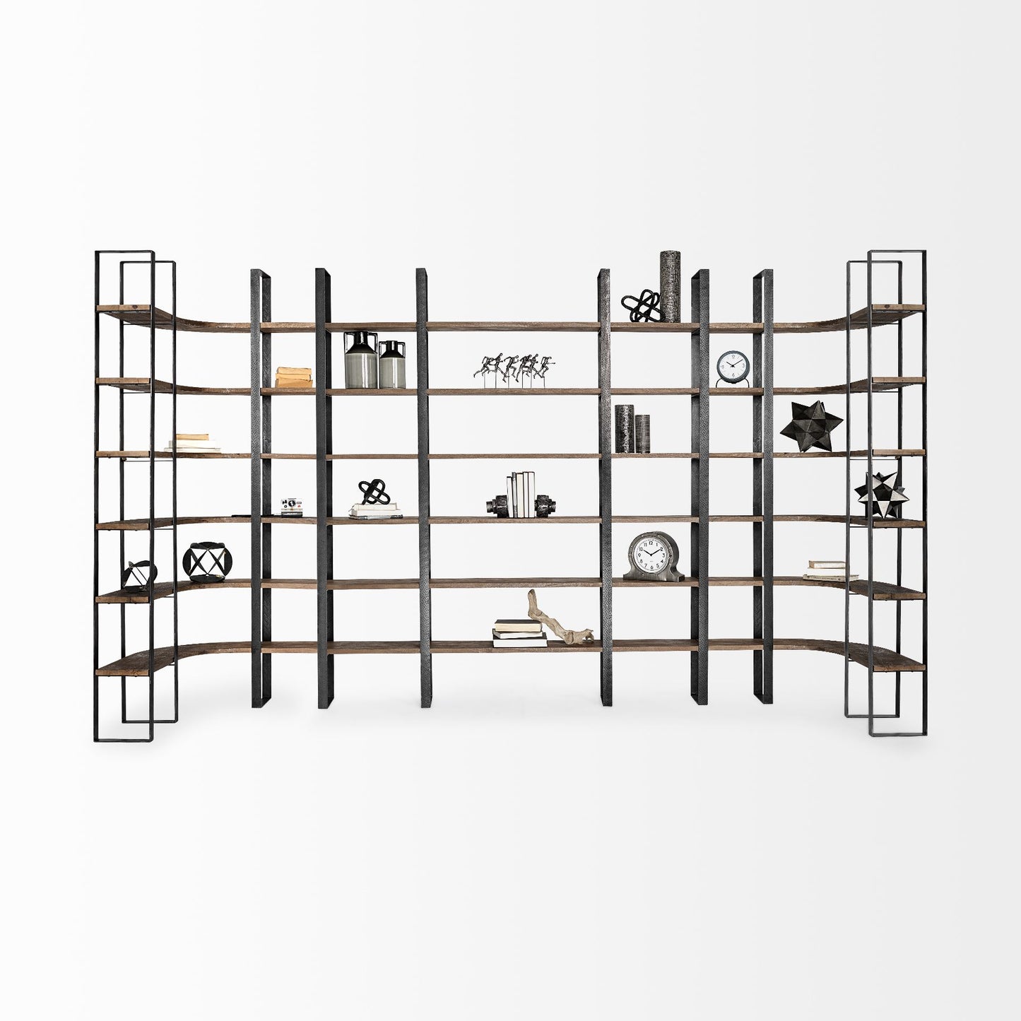 Taunton II 80L x 10.5W x 90H Dark Brown Wood And Black Iron Six Shelving Unit