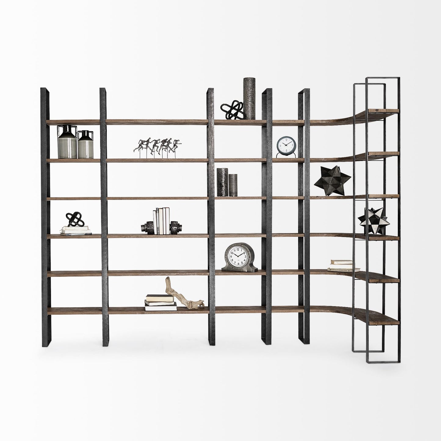 Taunton II 80L x 10.5W x 90H Dark Brown Wood And Black Iron Six Shelving Unit