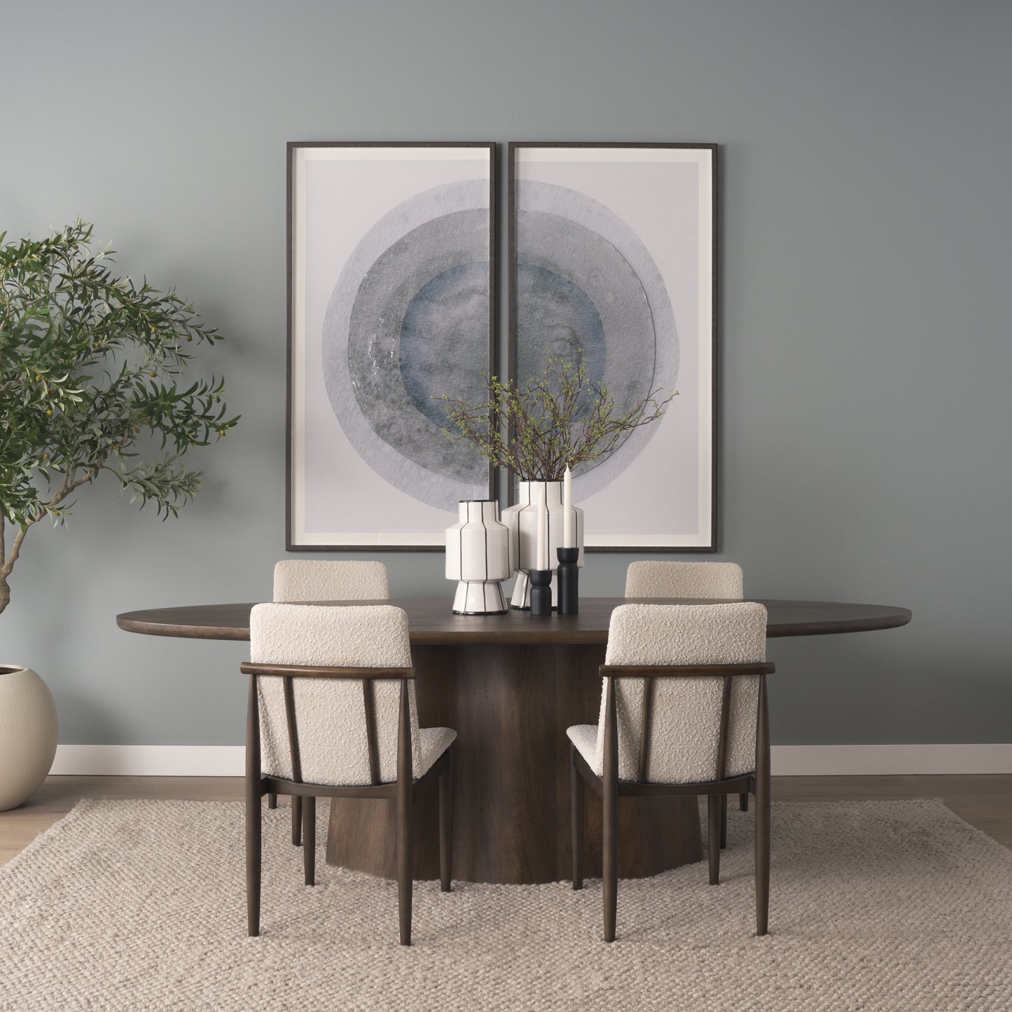 Cavett Cream Boucle Upholstered Seat W/Dark Brown Wood Frame Dining Chair