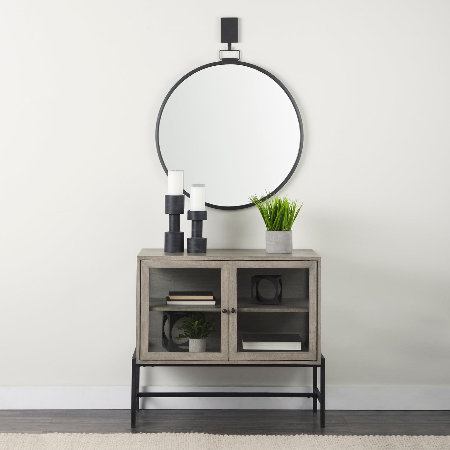 Arelius 36L x 18W x 32H Gray Wood, Black Metal Base w/ 2 Glass Doors Accent Cabinet