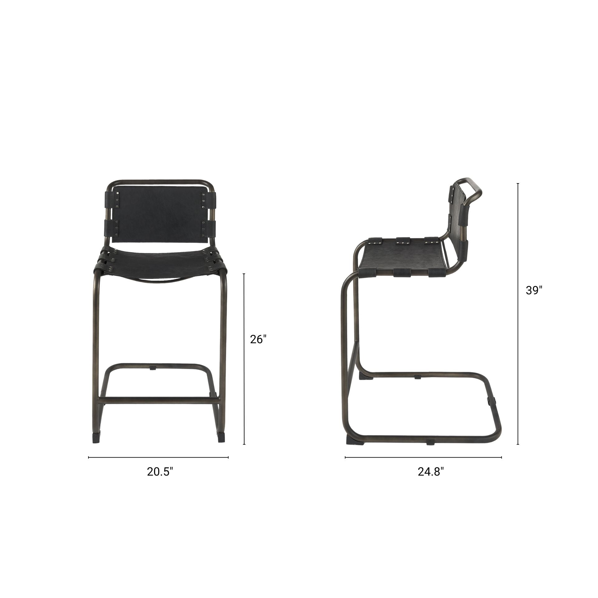 Berbick Leather Seat Bar Counter Stool Black Leather | Gray Metal | Counter - bar-stools