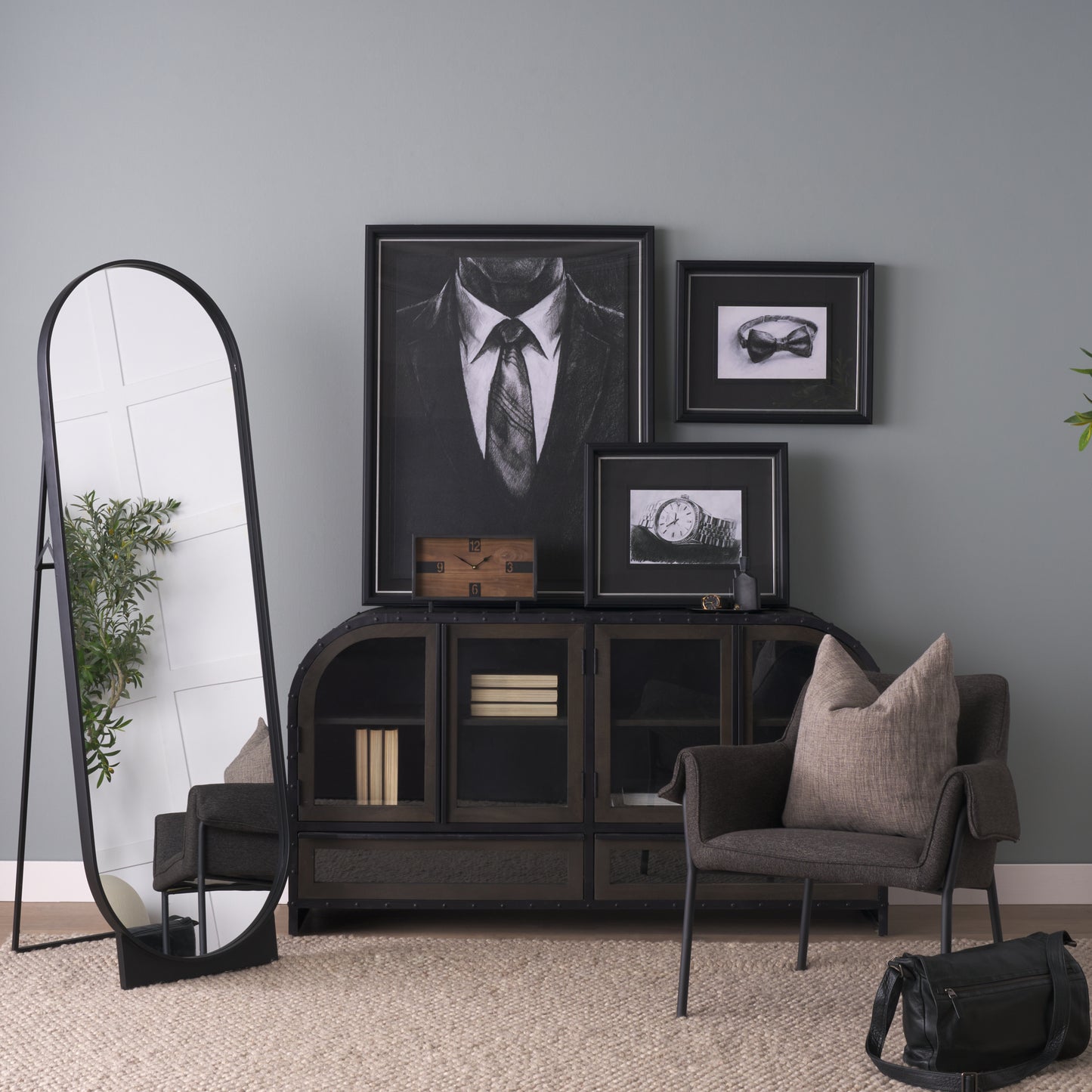 Harvey 13.0L x 4.5W x 8.1H Black Metal and Wood Rectangular Table Clock