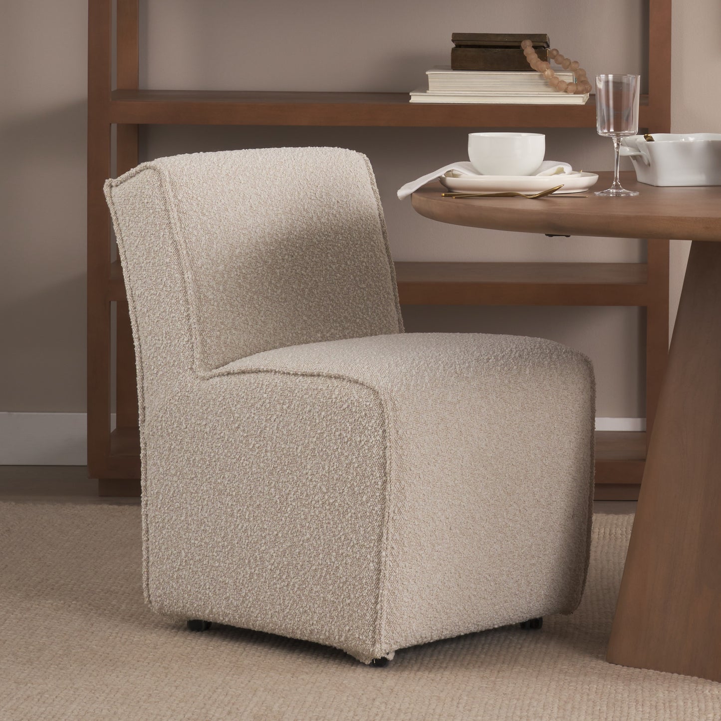 Damon 20.5L x 27.2W x 31.3H Fully Upholstered Cream-Toned Fabric Dining Chair on Casters