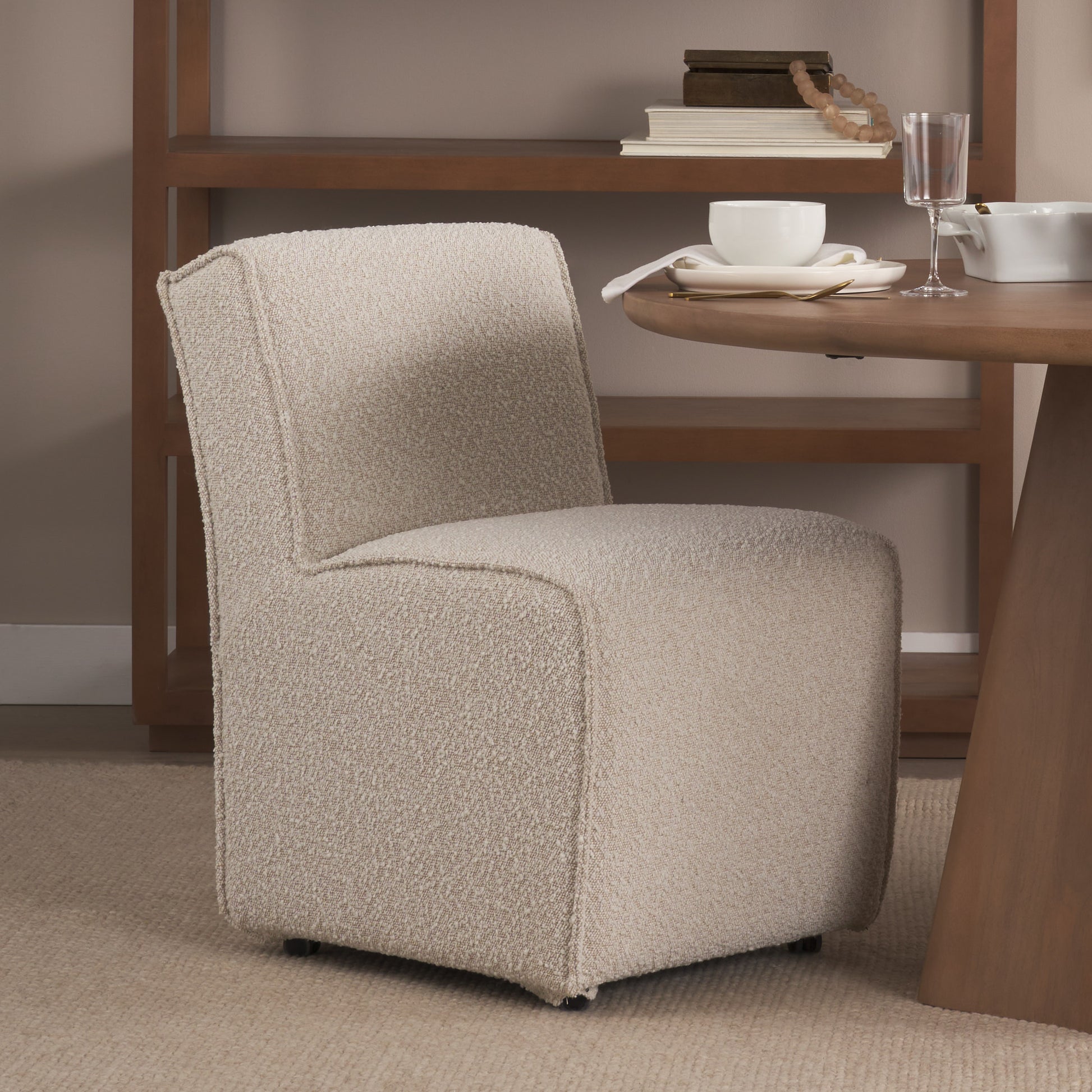 Damon 20.5L x 27.2W x 31.3H Fully Upholstered Cream-Toned Fabric Dining Chair on Casters