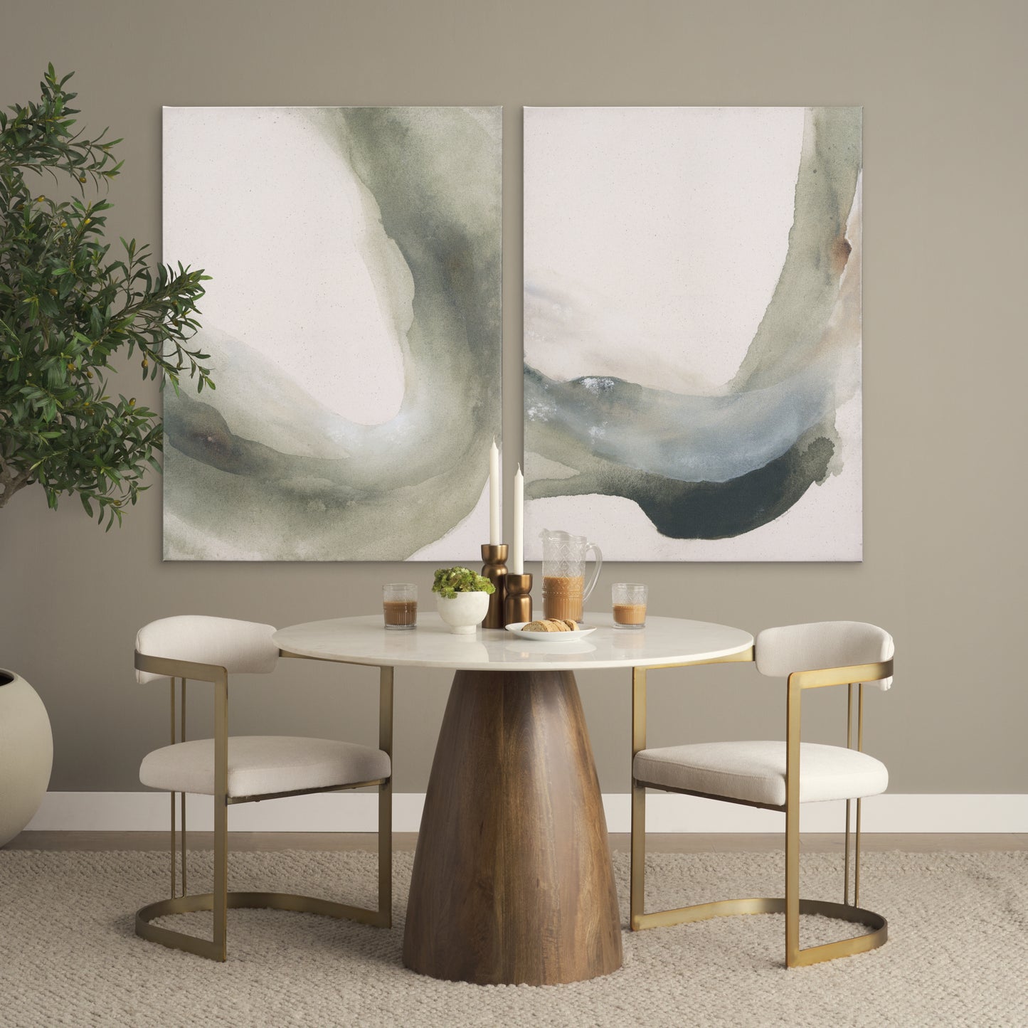 Allyson 42" Round Brown Wood Pedestal w/Banswara White Marble Top Dining Table