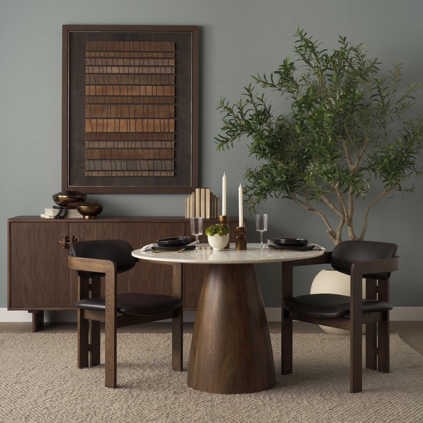 Allyson 42" Round Brown Wood Pedestal w/Banswara White Marble Top Dining Table