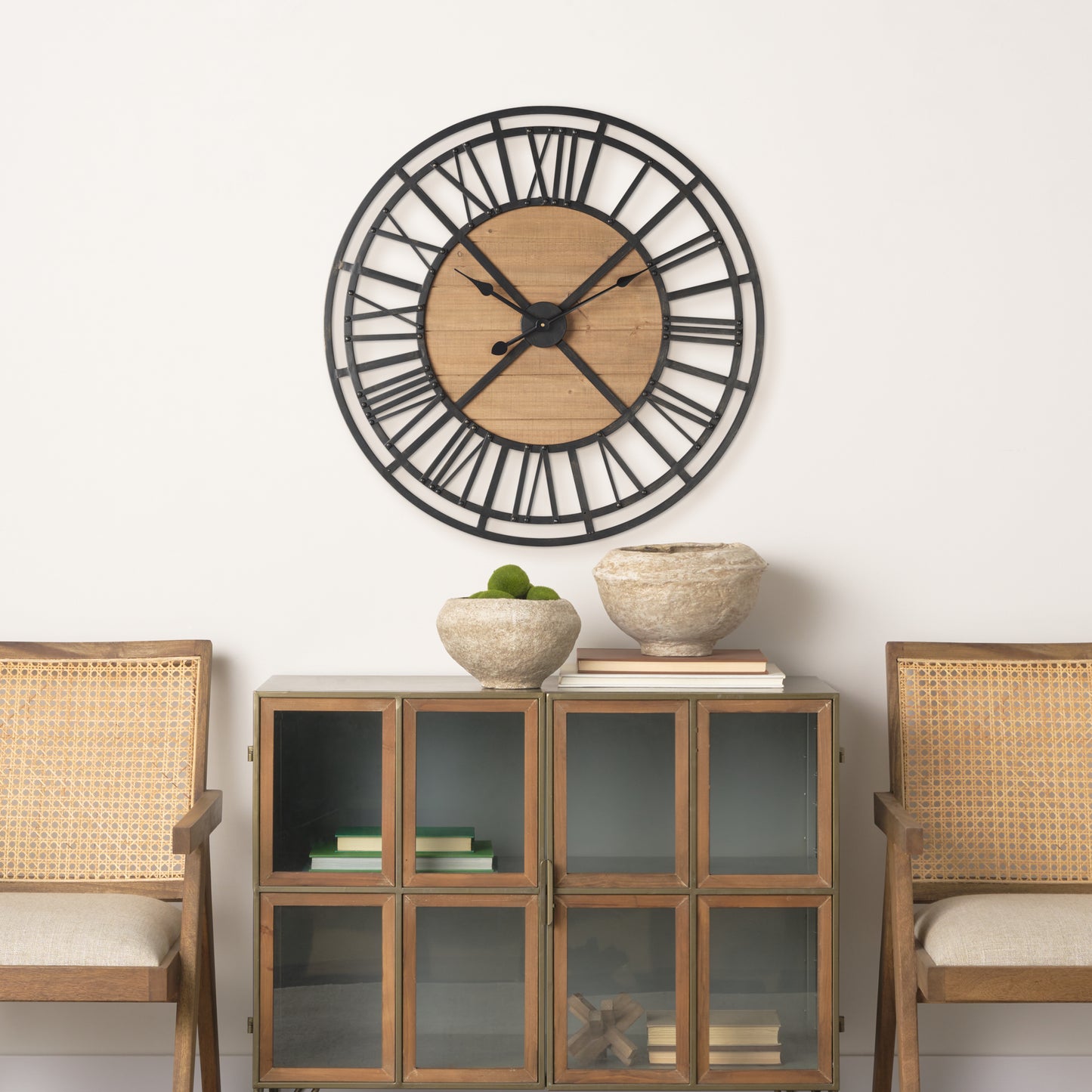 Lewiston 30.1L x 2.0W x 30.1H Black Iron W/Wood Round Wall Clock