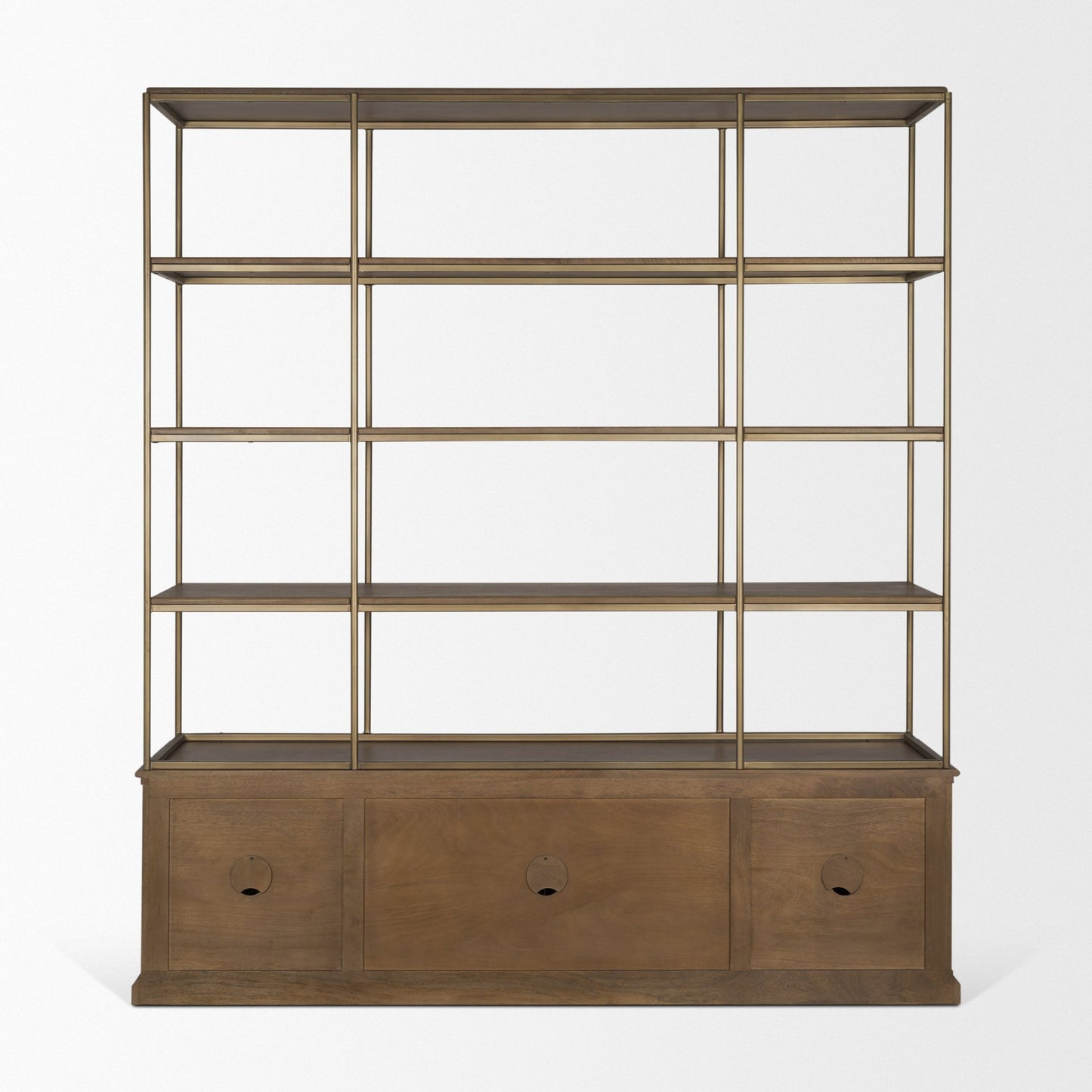 Baron 4-Door Dark Brown Wood w/ Antique Brass Metal Open Shelving Unit